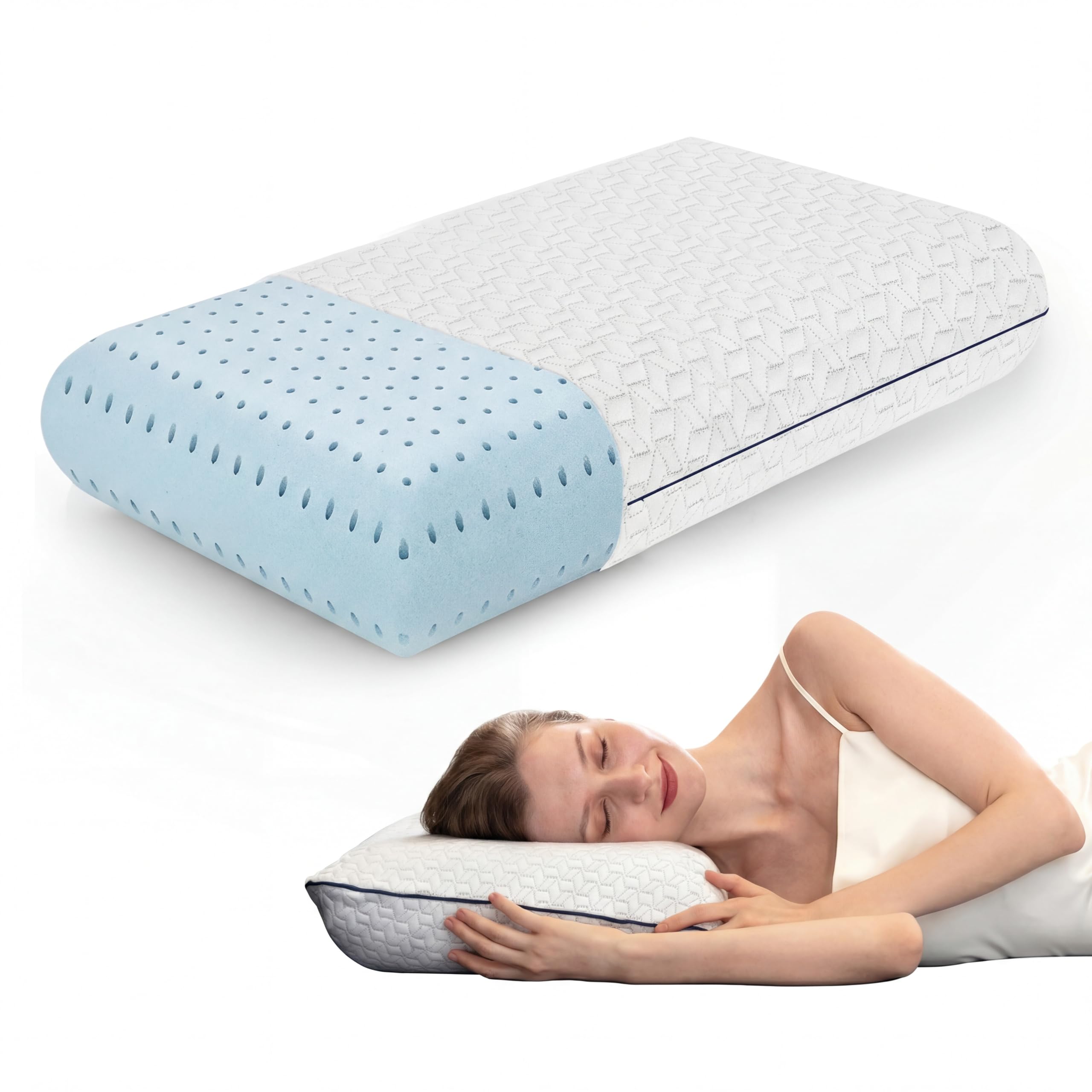 Vaverto Queen memory foam pillow top view showing cooling gel and firm support