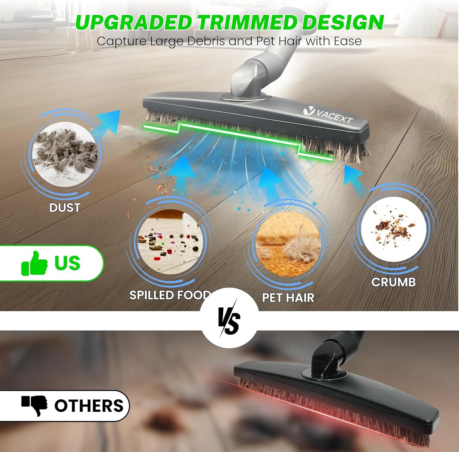 VACEXT compatible with hard floor brushes for smooth surface cleaning.