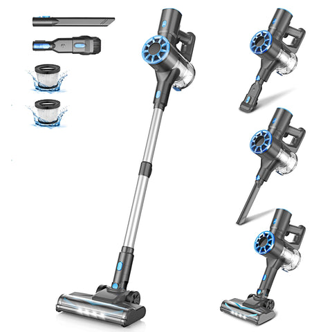 Vazone cordless stick vacuum with LED display highlights battery life for hassle-free cleaning.