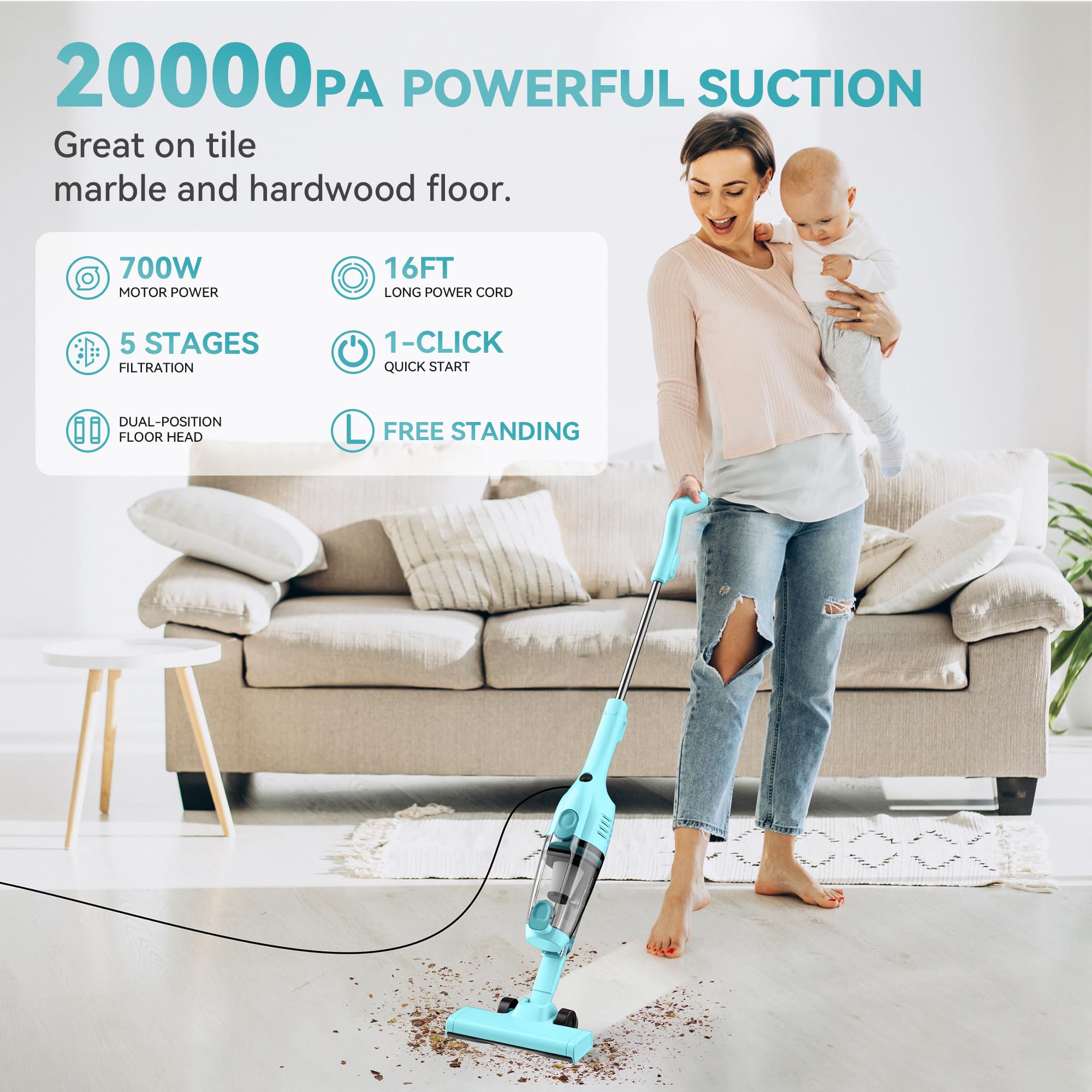 Vazone R6X demonstrating 20KPa suction power for thorough cleaning.