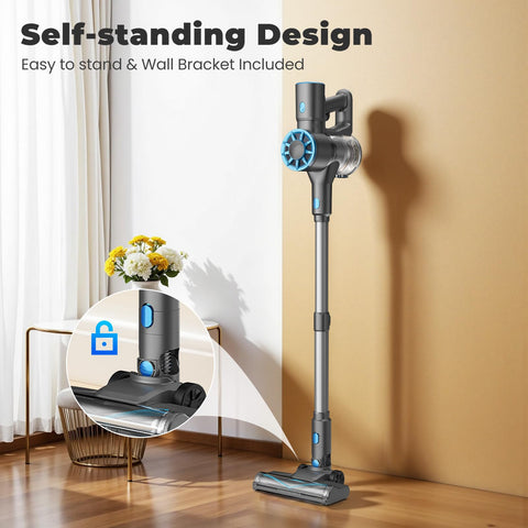 Vazone self-standing vacuum demonstrates freestanding design for hands-free pause and storage.