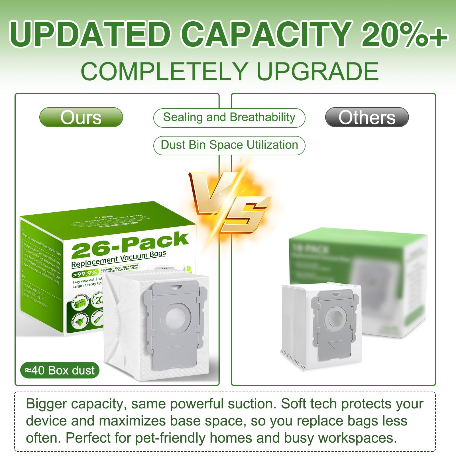 VBN 26-pack bags for Roomba j-series shown with Clean Base pairing