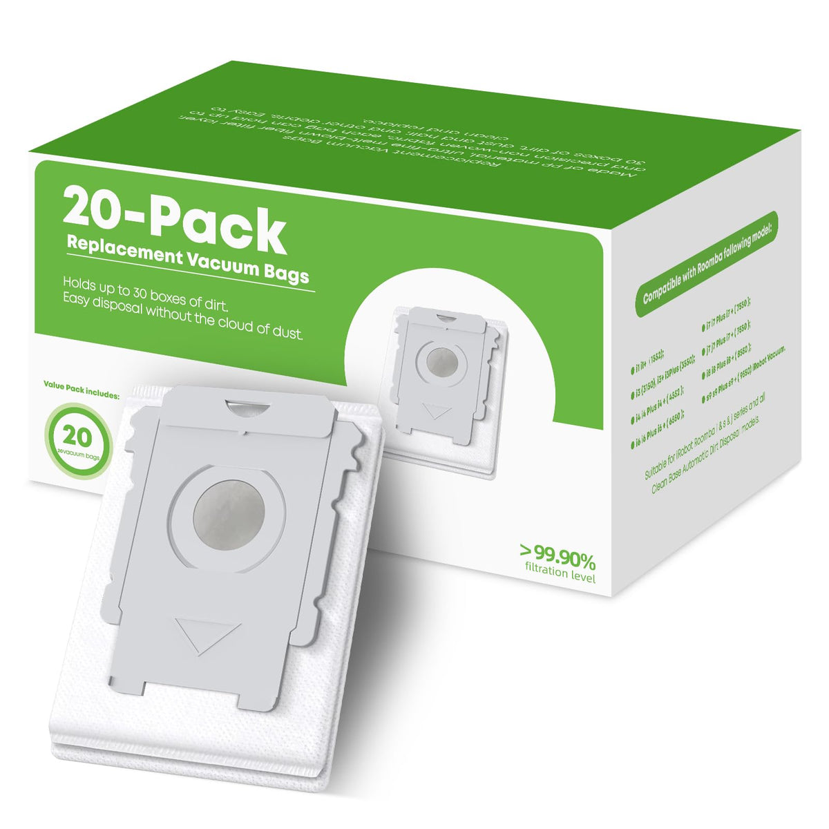 VBN Roomba bags 20-pack with tools for quick replacement.