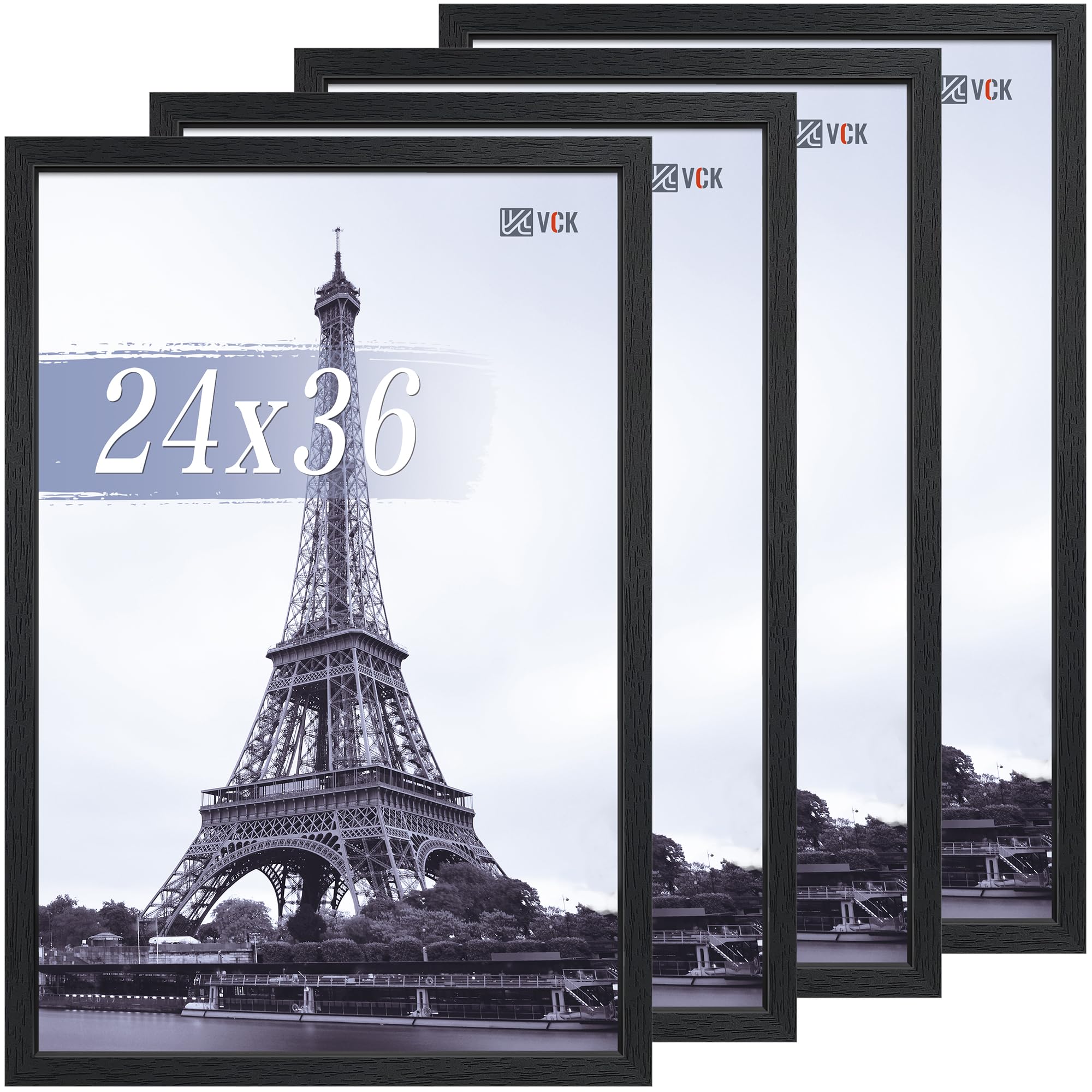 VCK 24x36 poster frame four-pack front view, textured black wood ideal for gallery walls.