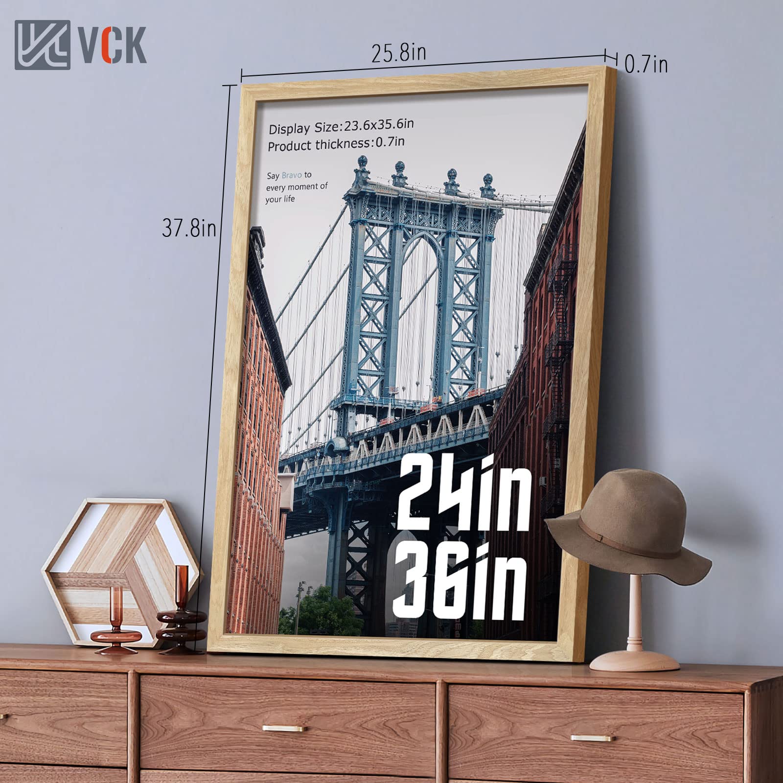 VCK natural wood frame side angle illustrating slim profile for wall or table setup