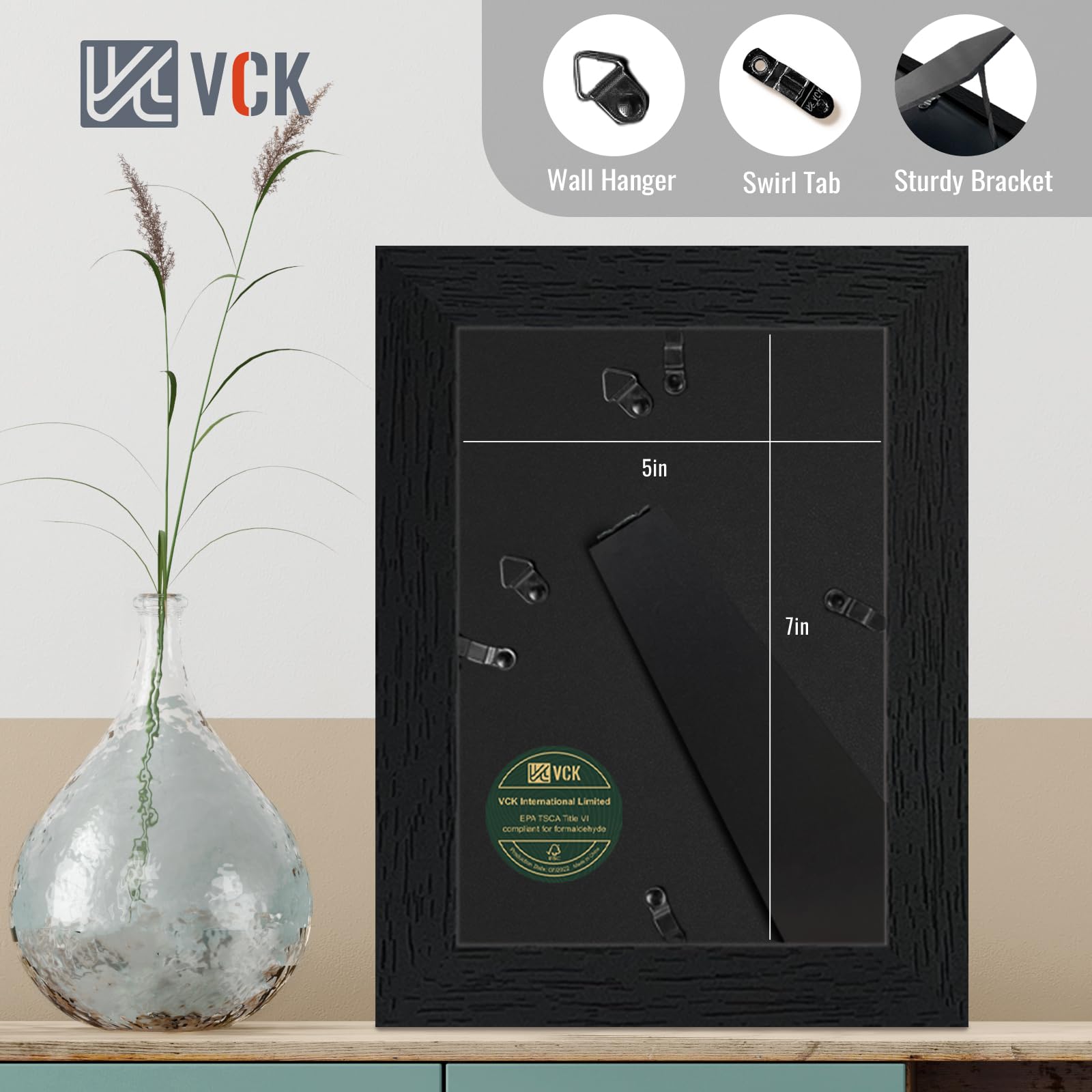 VCK 5x7 frame glass close-up shows crystal-clear tempered glass.