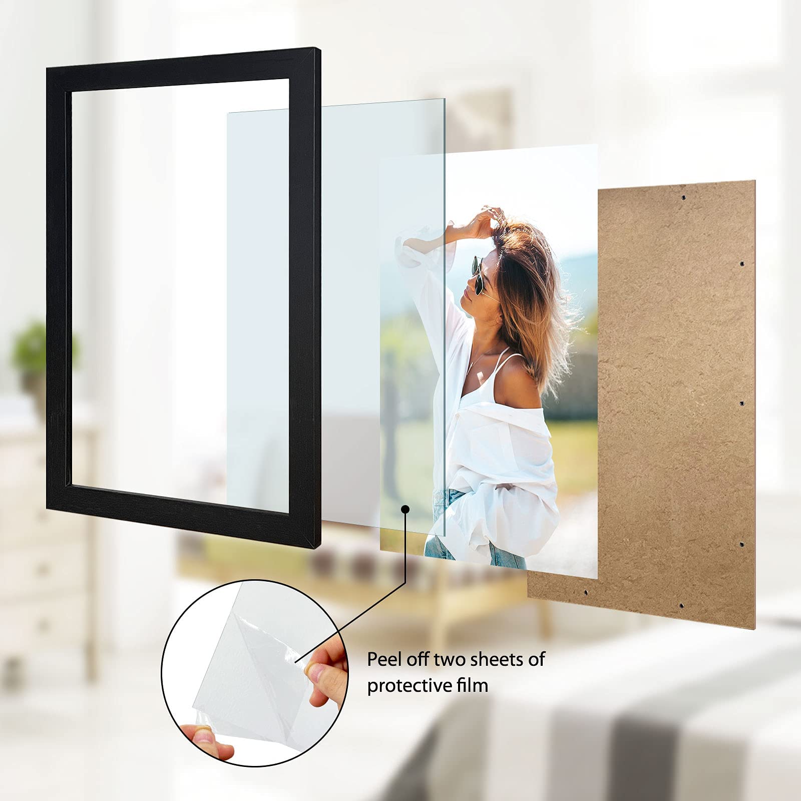 Perspex front protects photos with clear visibility for 24x36 frames