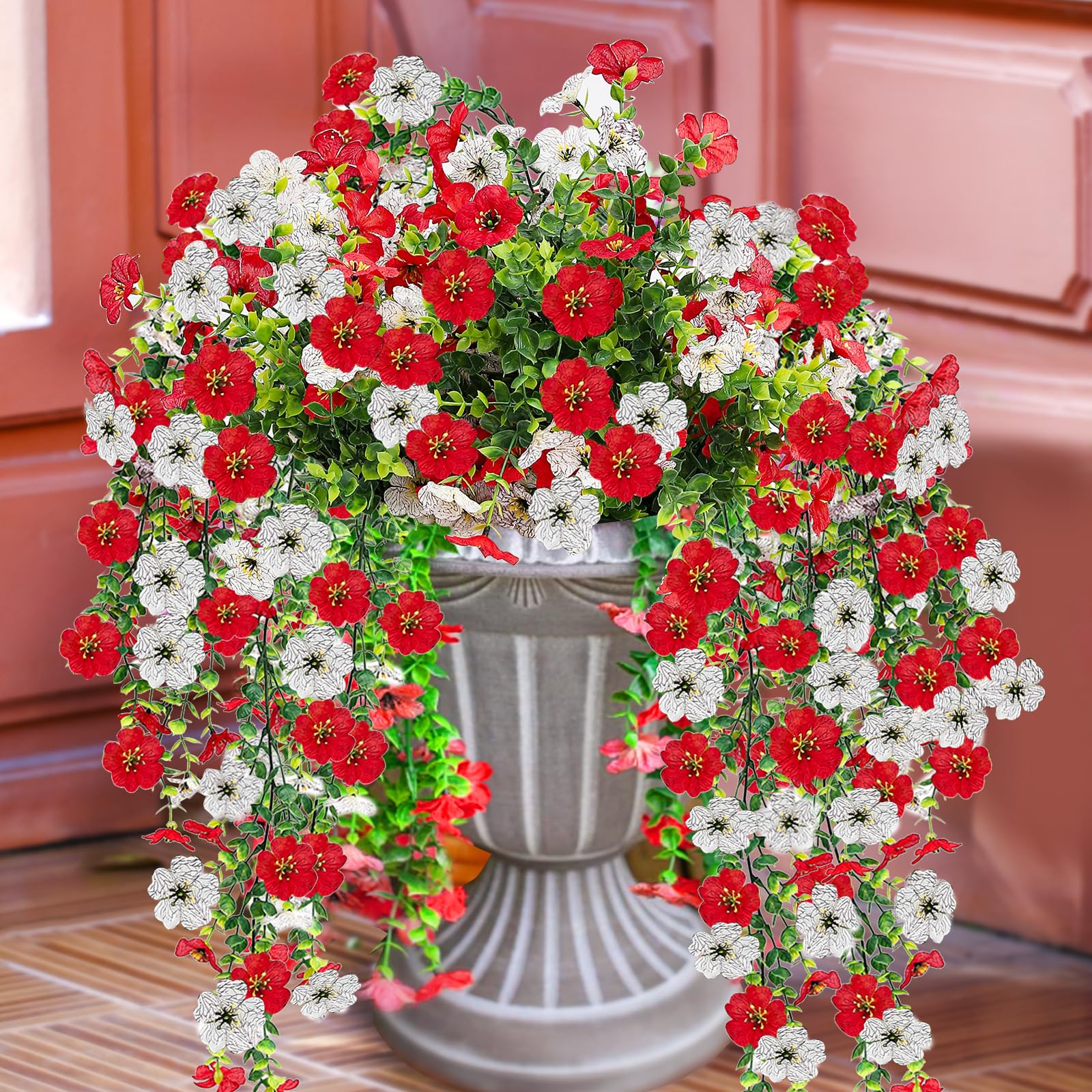 VCLTW outdoor artificial flowers in hanging baskets provide year-round color with low maintenance.