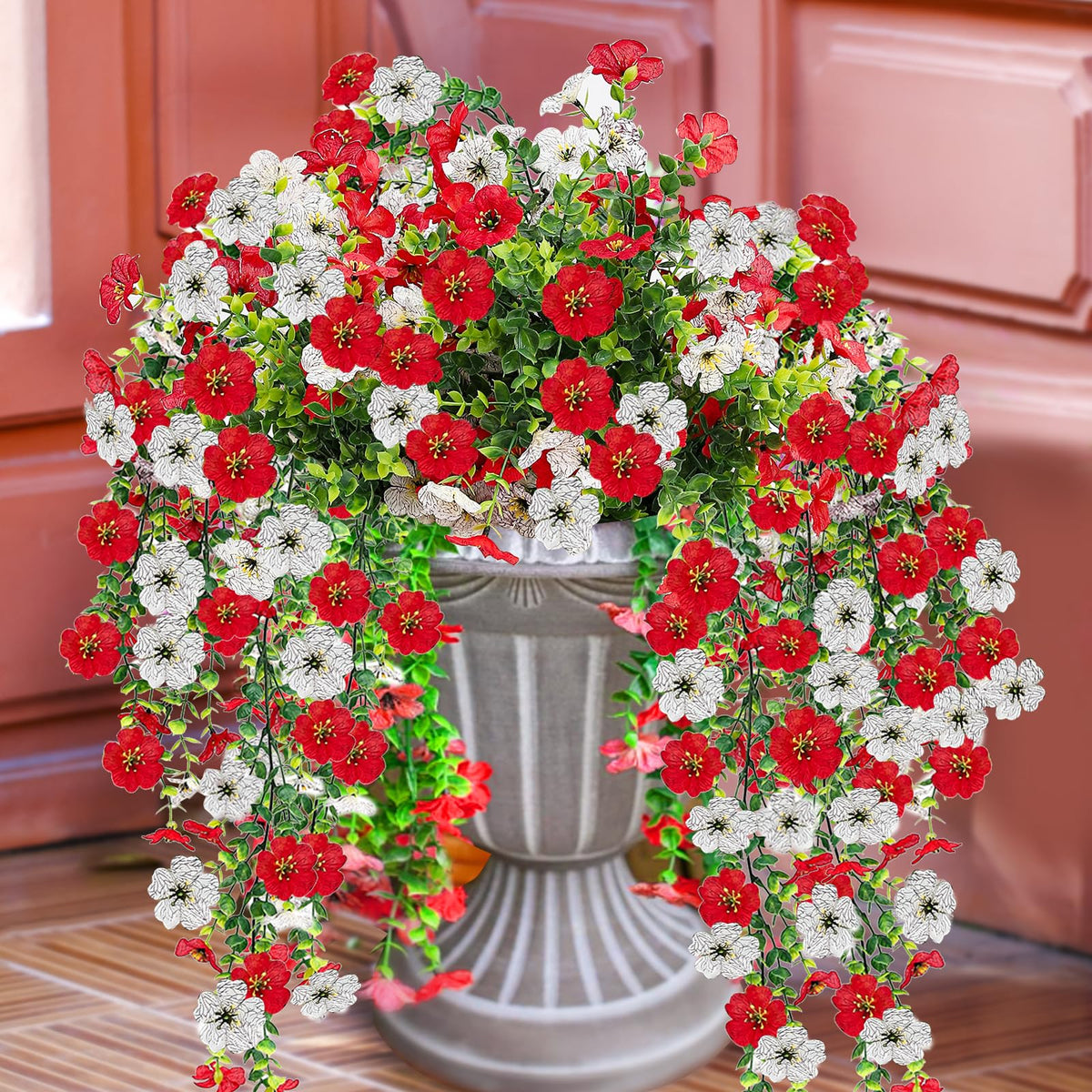 VCLTW outdoor artificial flowers in hanging baskets provide year-round color with low maintenance.