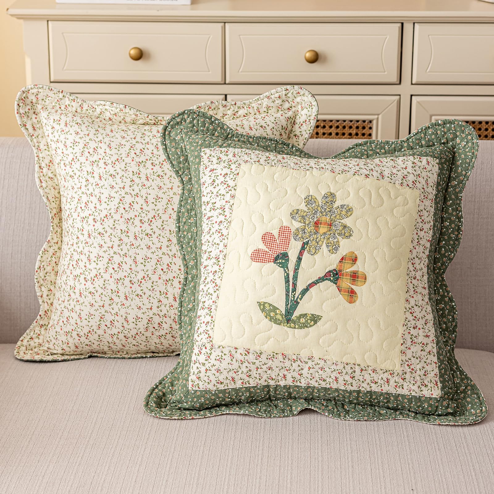 vctops close-up stitching on a green pillow cover showing durable quilted finish