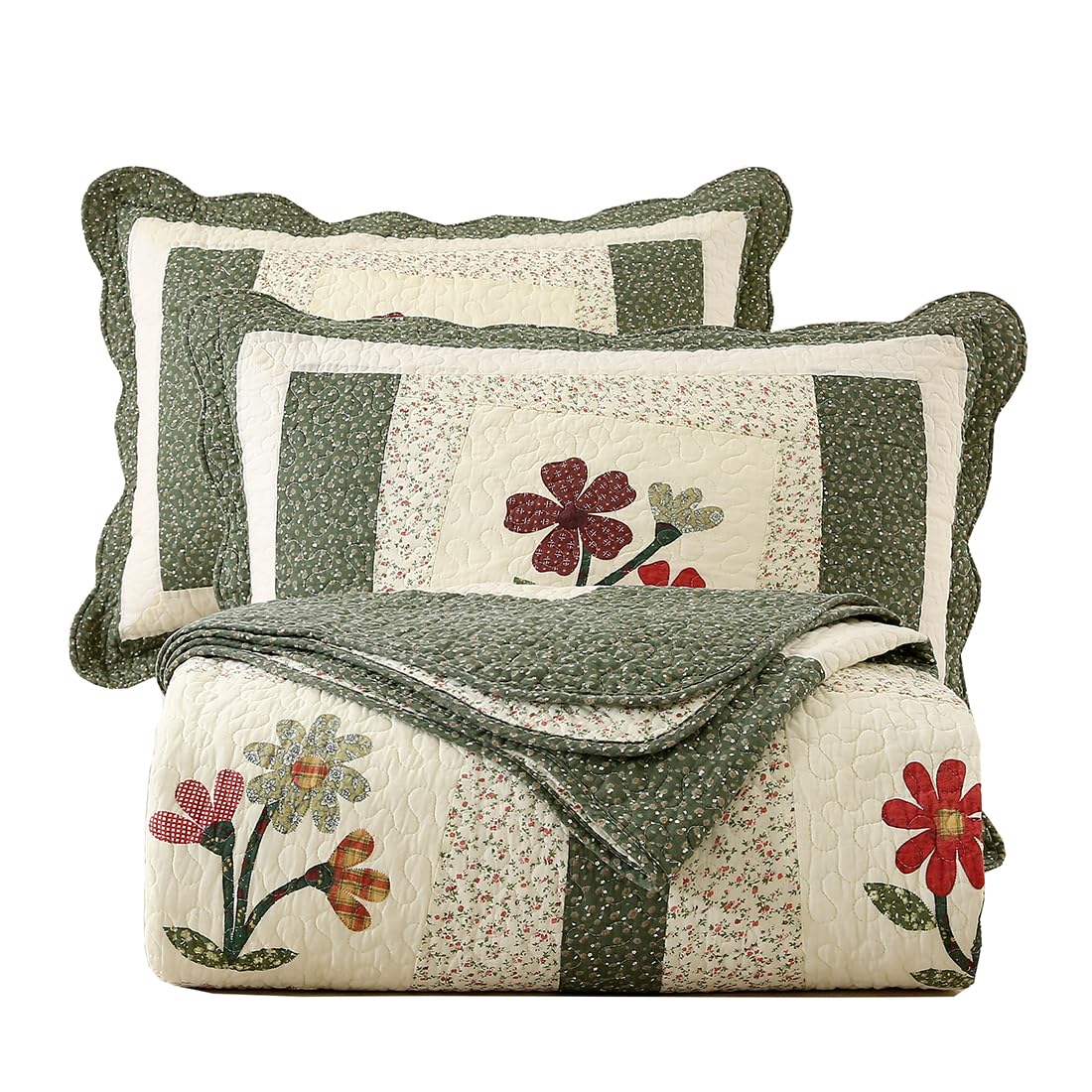 vctops Farmhouse green quilt set featuring embroidered floral detail for cozy nights.