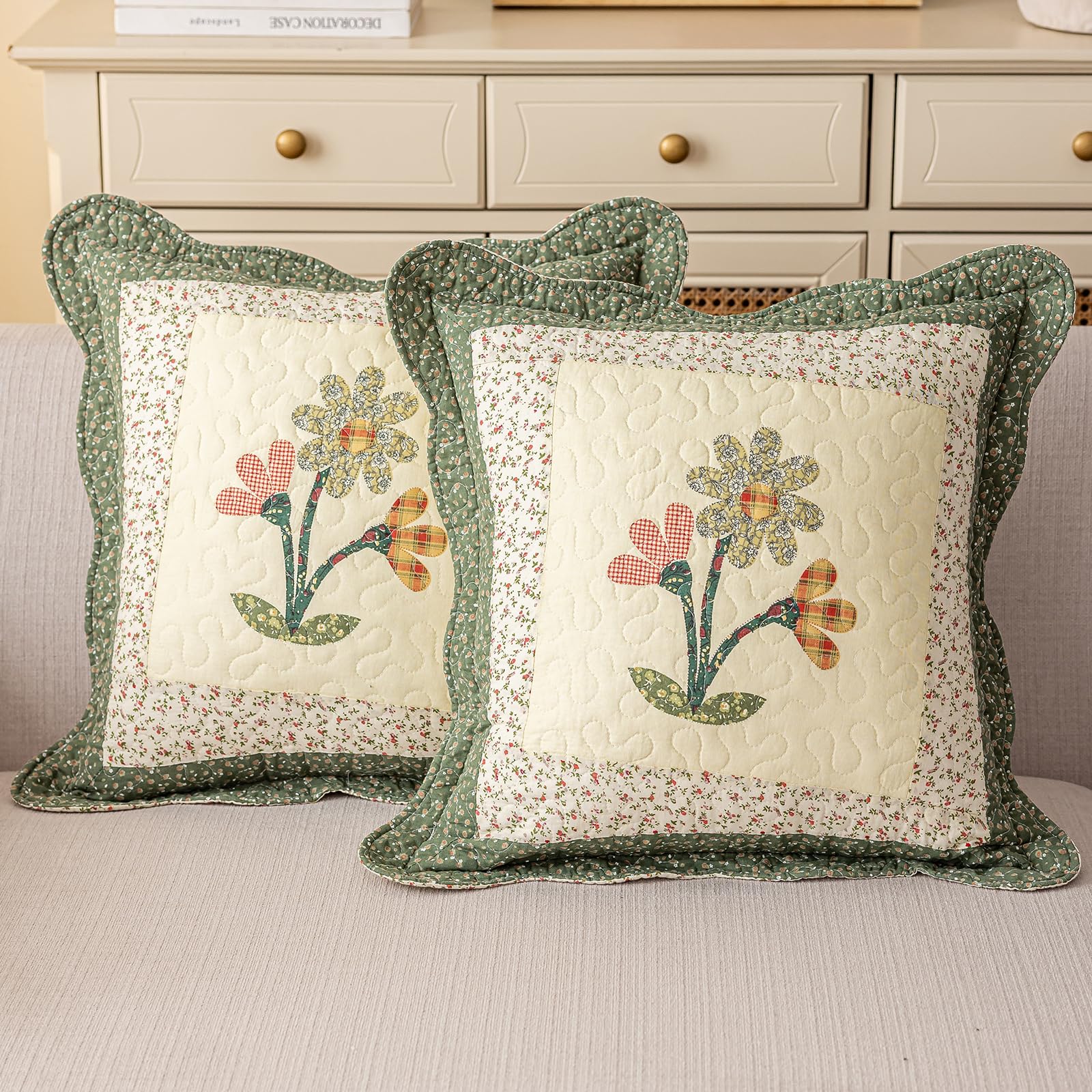 vctops green quilted pillow cover with scalloped floral pattern for elegant living room decor