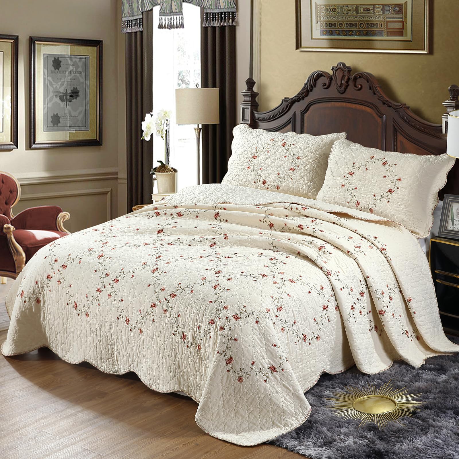 VCTOPS rose bud wreath embroidery closeup for romantic bedroom focal point