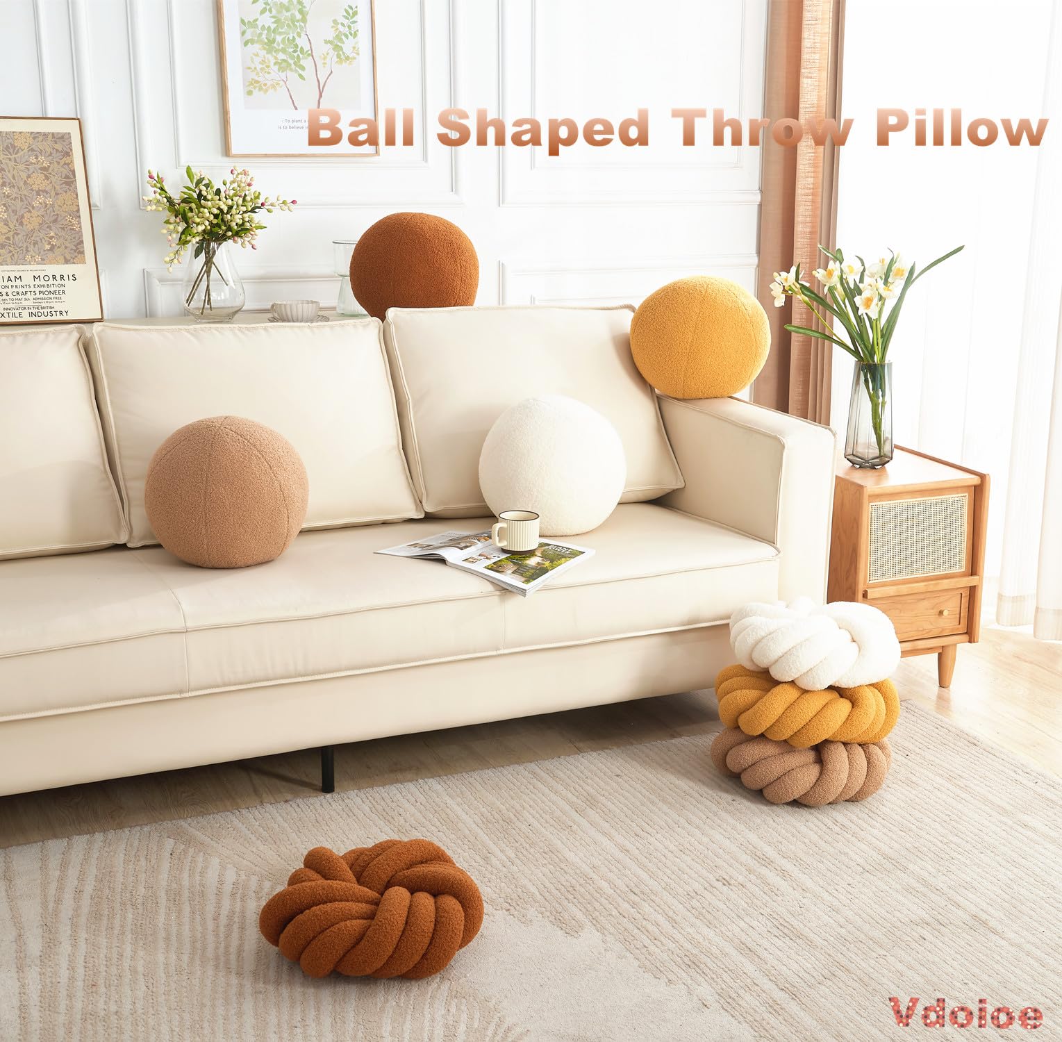 Vdoioe Round Knot Ball Pillow showcases a soft texture ideal for cozy beds.