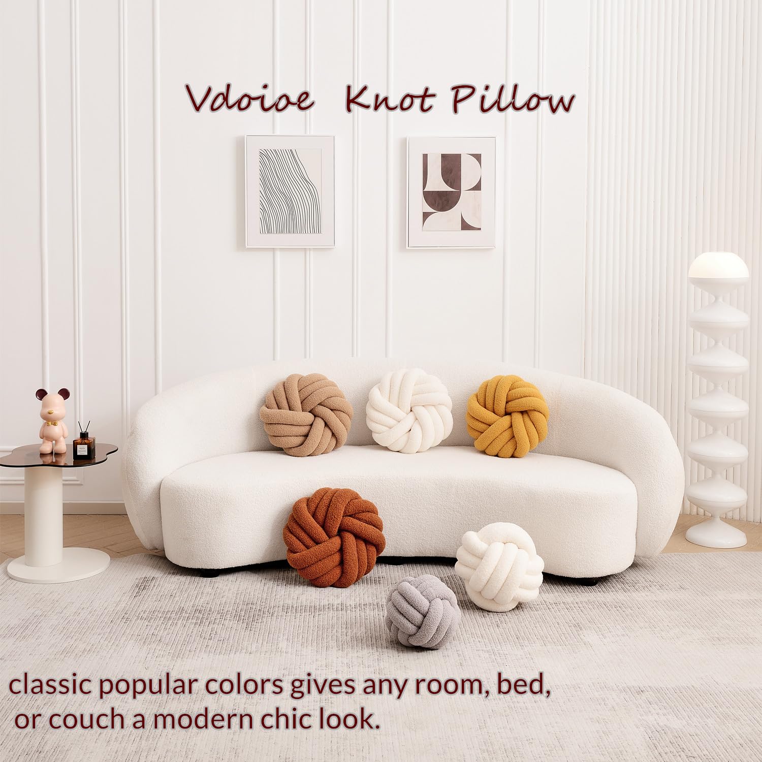 Vdoioe round knotted pillow enhances bed or couch with soft texture.