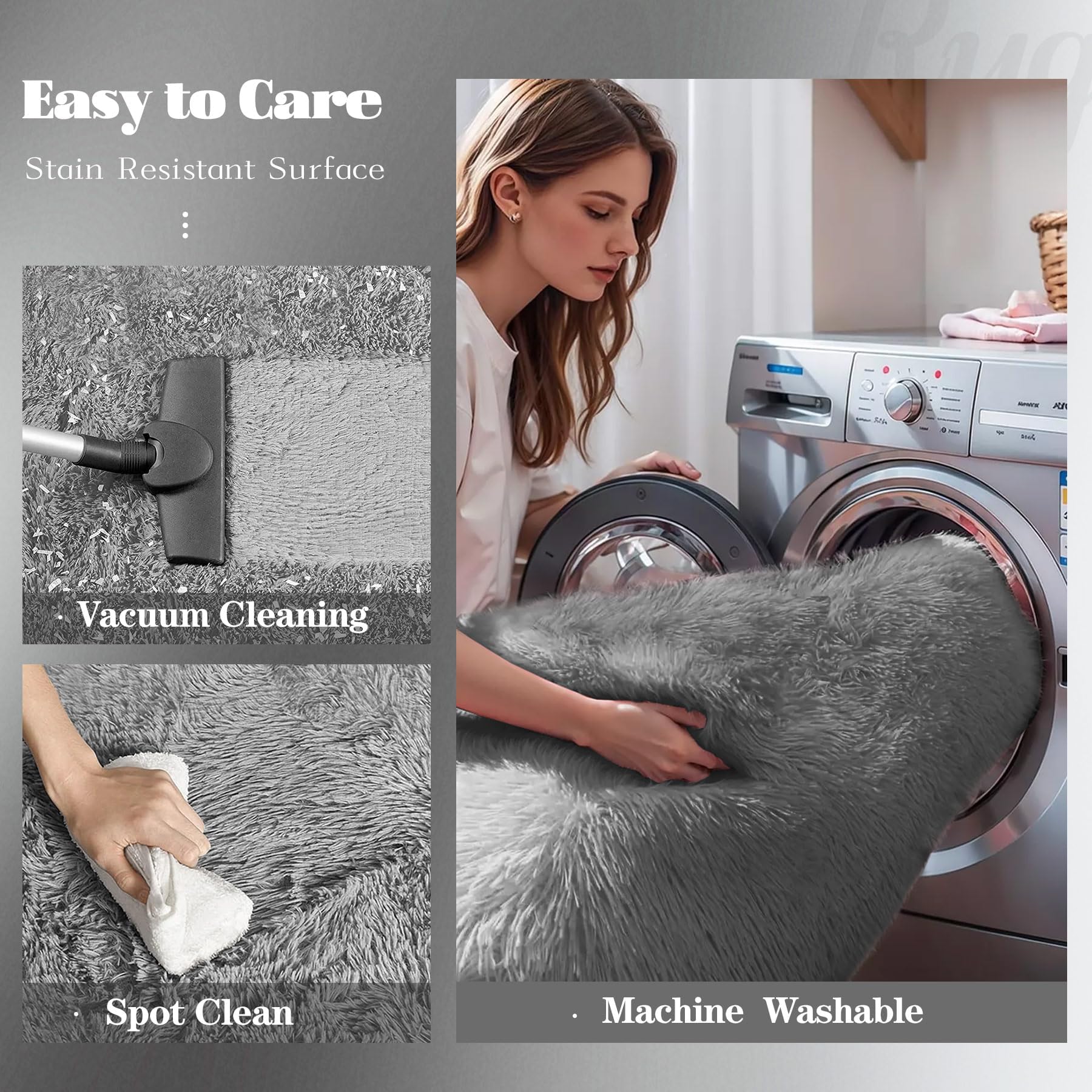 Vecarf 8x10 washable shag rug in grey for easy cleaning