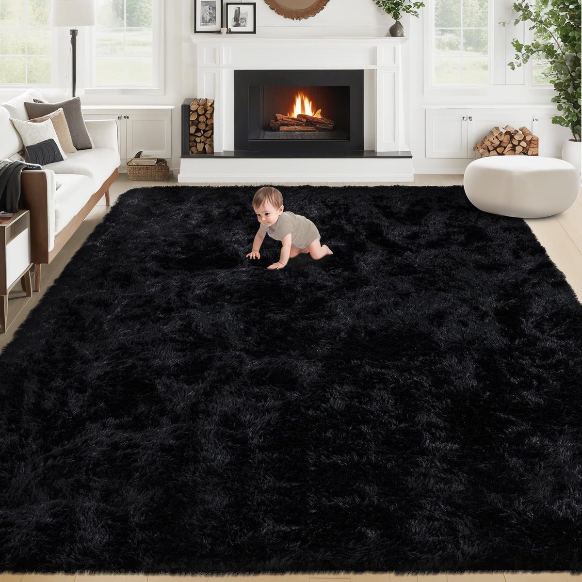 VECARF fluffy shag rug in black 8x10 with plush texture.
