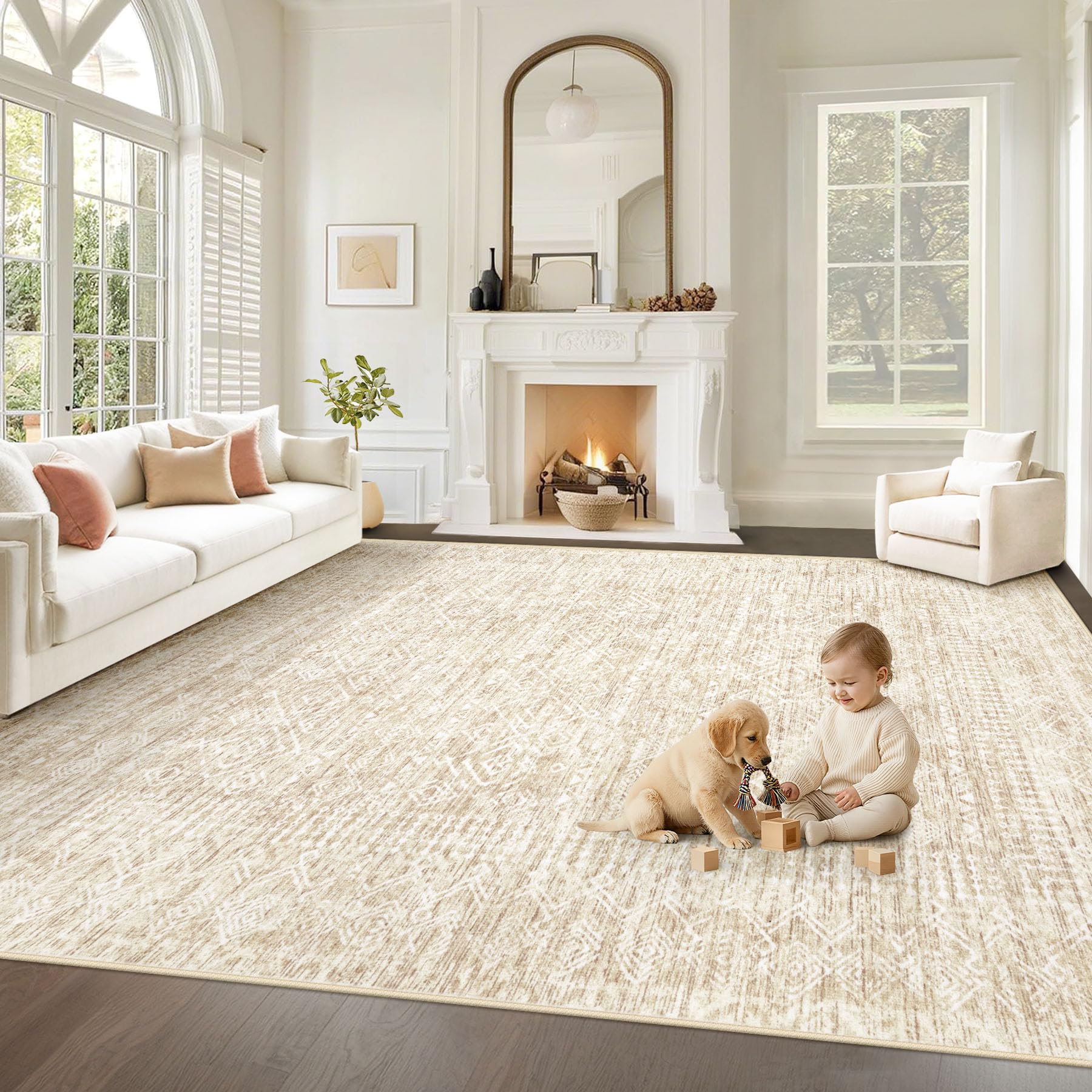 VECARF 8x10 washable living room rug with beige Boho pattern for easy cleaning and comfort.