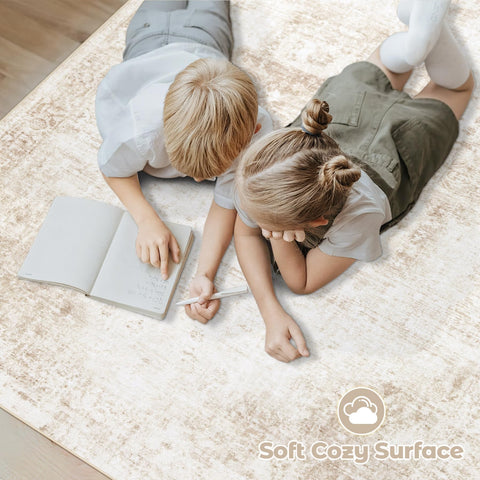 VECARF low-pile beige rug ideal for homes with kids and pets