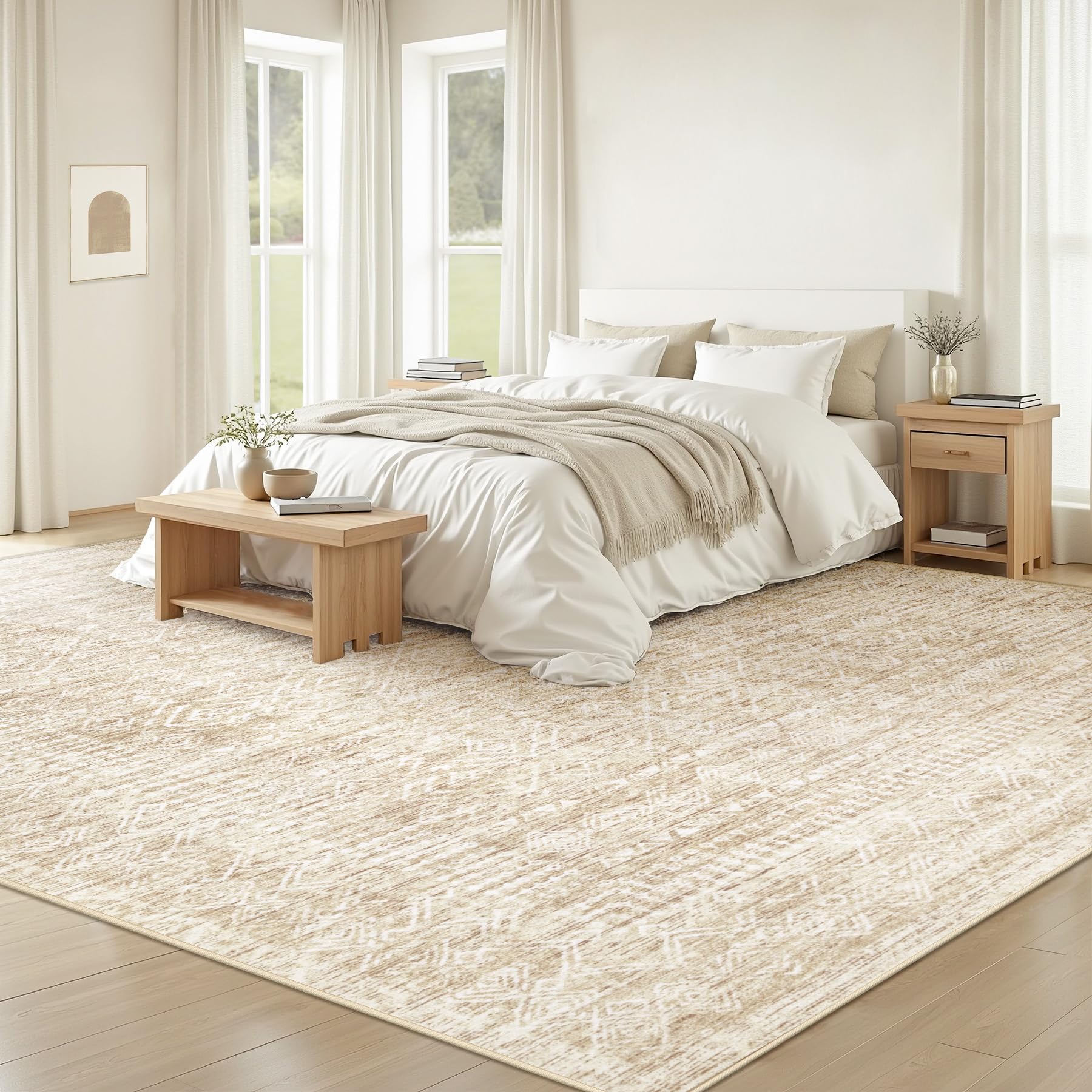 VECARF Moroccan geometric Boho rug showcases an intricate beige design for stylish spaces.
