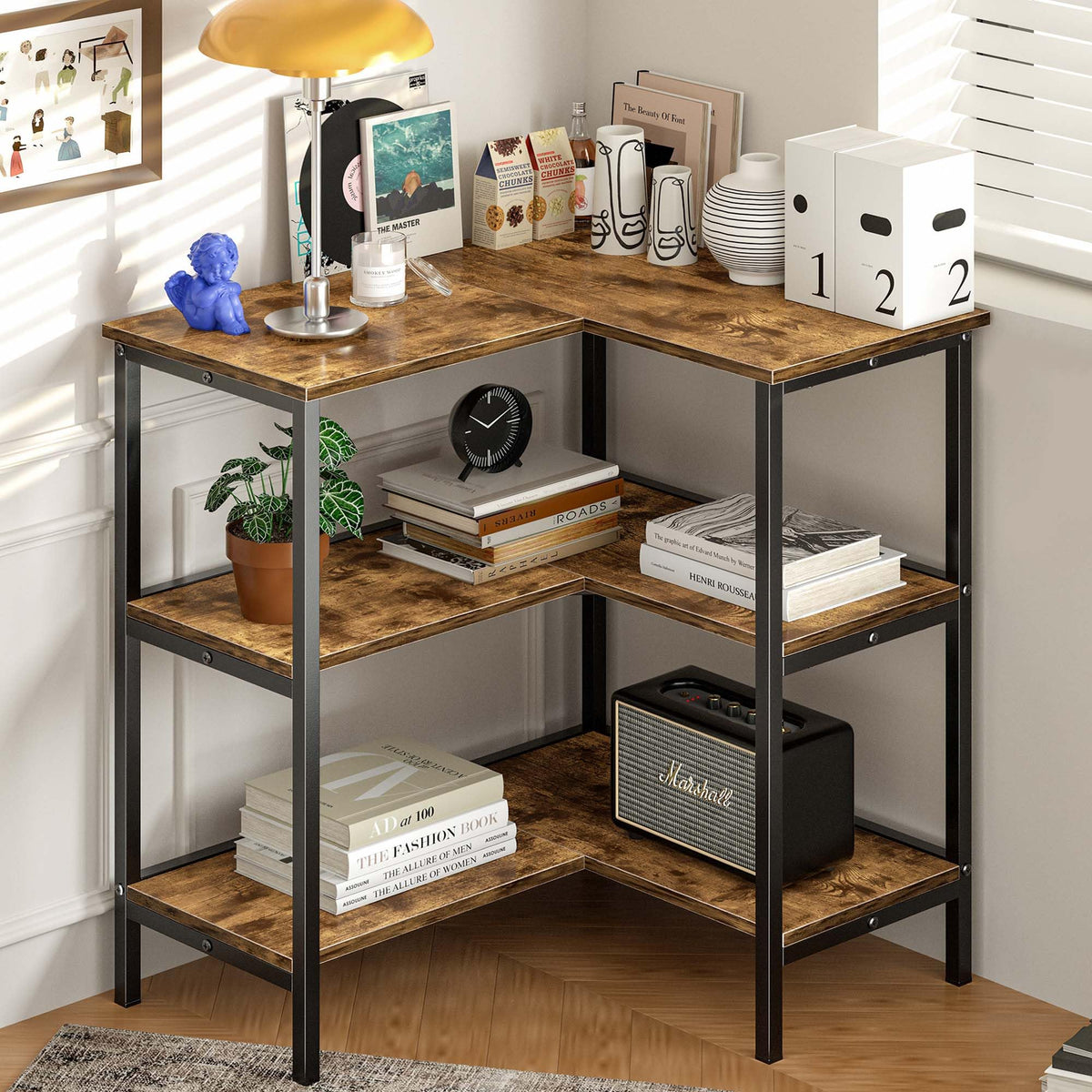 VECELO corner cabinet table assembly demonstrates space-saving corner placement
