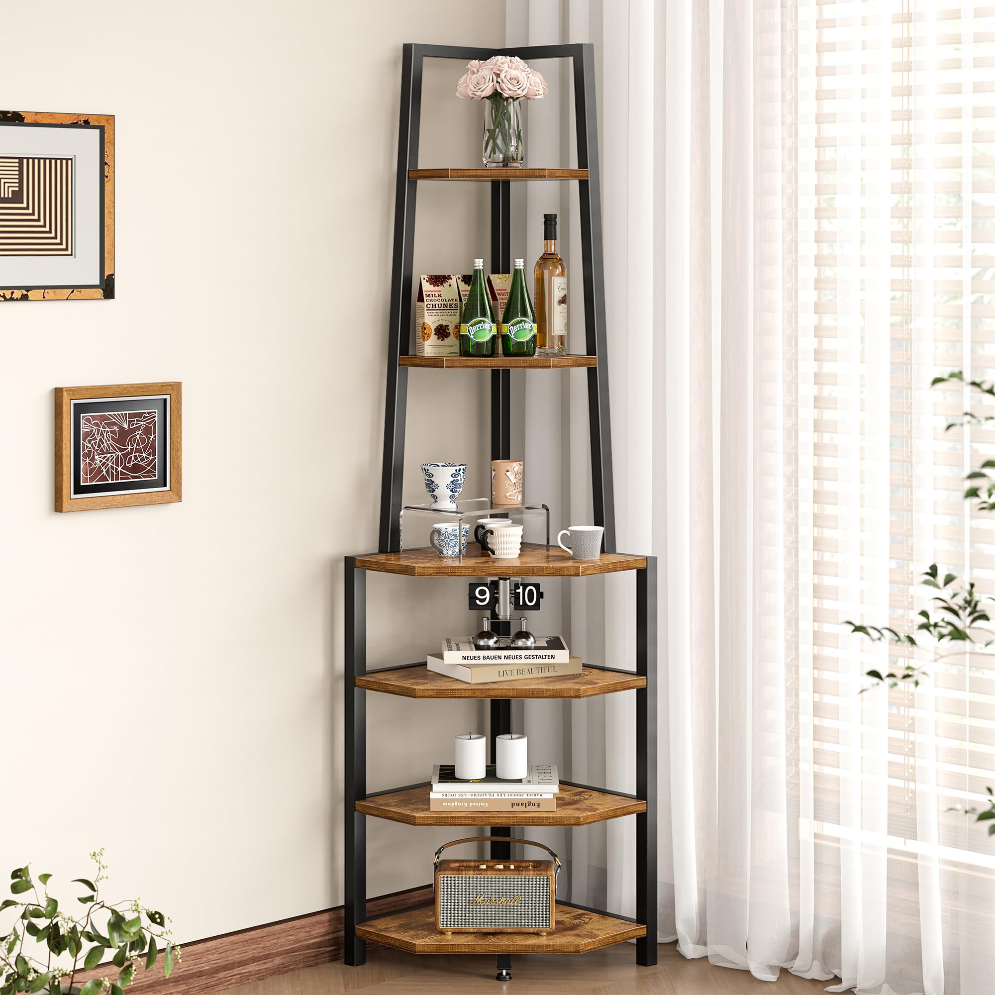 VECELO 6-tier corner shelf in brown finish displays books and decor