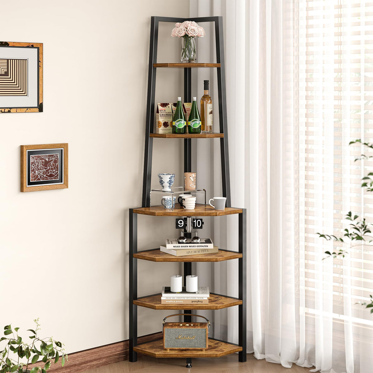 VECELO 6-tier corner shelf in brown finish displays books and decor