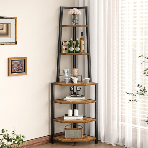 VECELO 6-tier corner shelf in brown finish displays books and decor