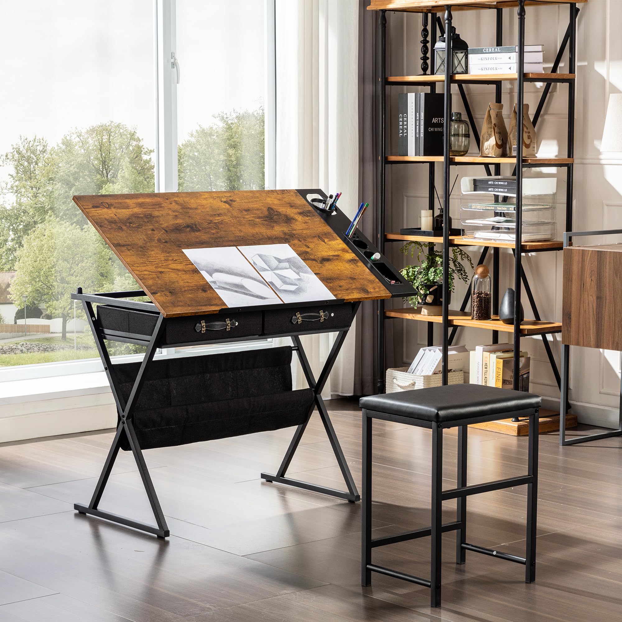 VECELO drafting table with 12mm MDF tabletop and sturdy metal frame