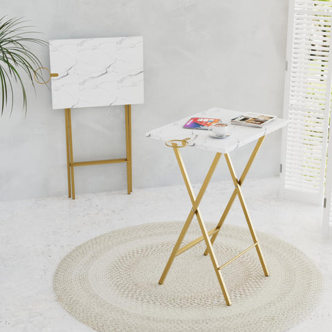 VECELO gold folding tray supporting laptop and drinks on balcony