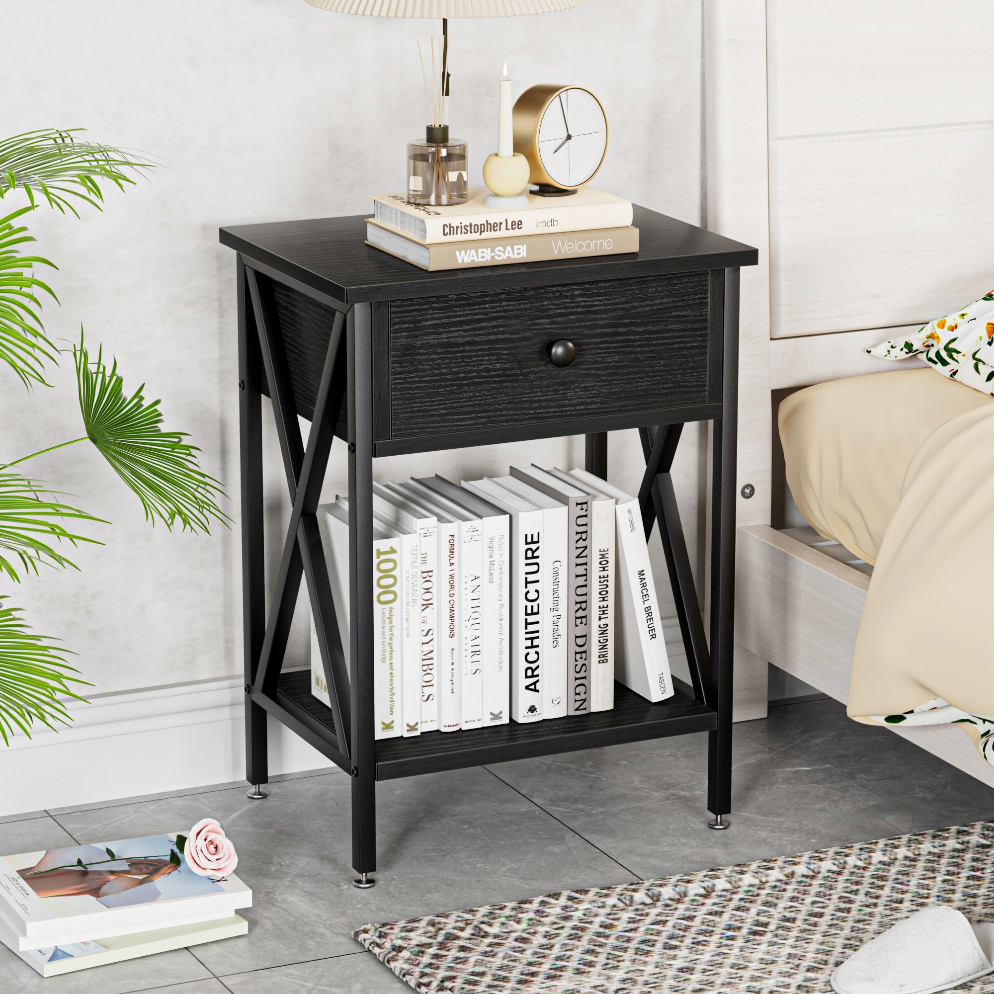 Vecelo nightstand with drawer open shows easy access to essentials