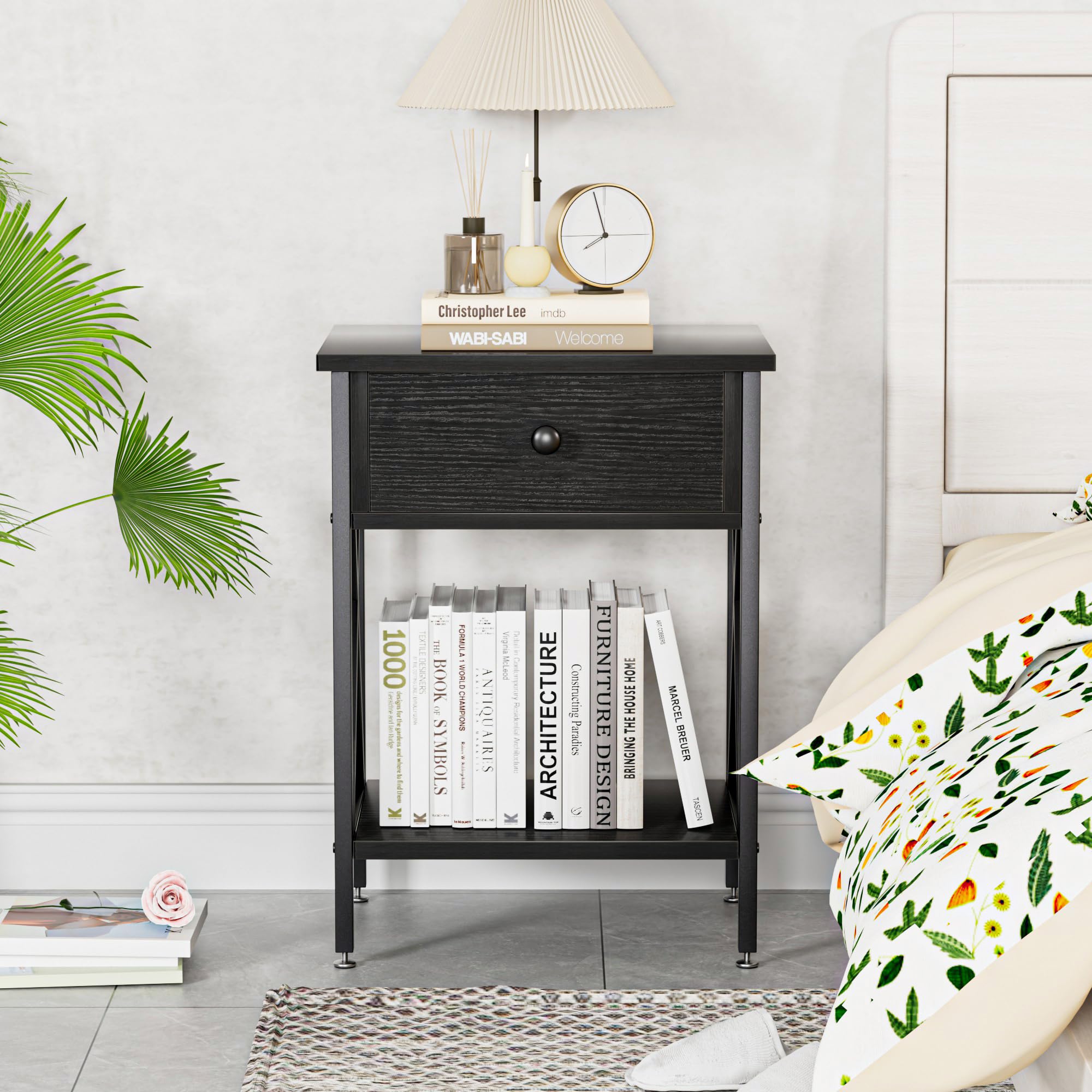 Vecelo nightstand wood tabletop black frame highlights durable, stylish surface