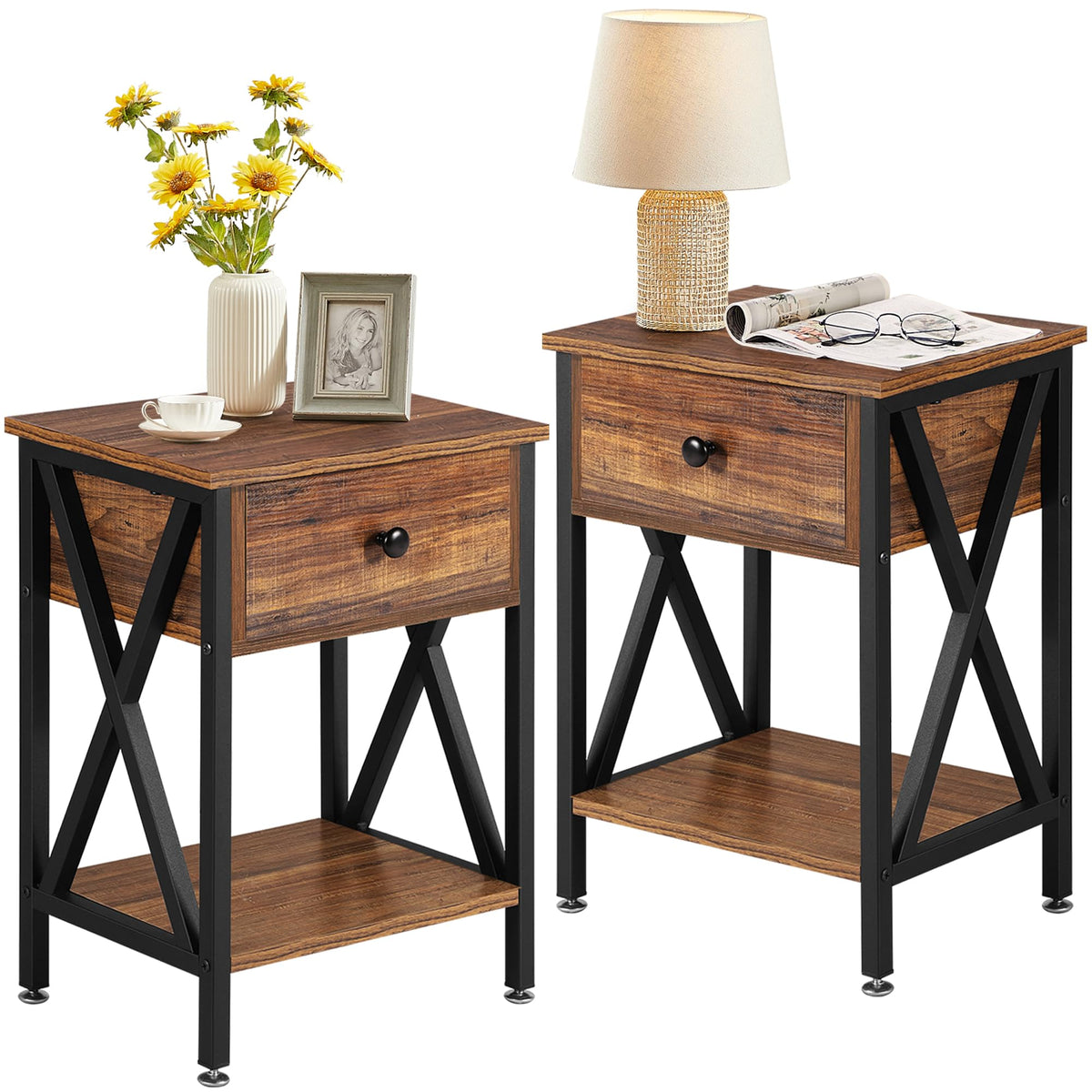 VECELO nightstands with wood top and black steel frame provide sturdy bedside storage.