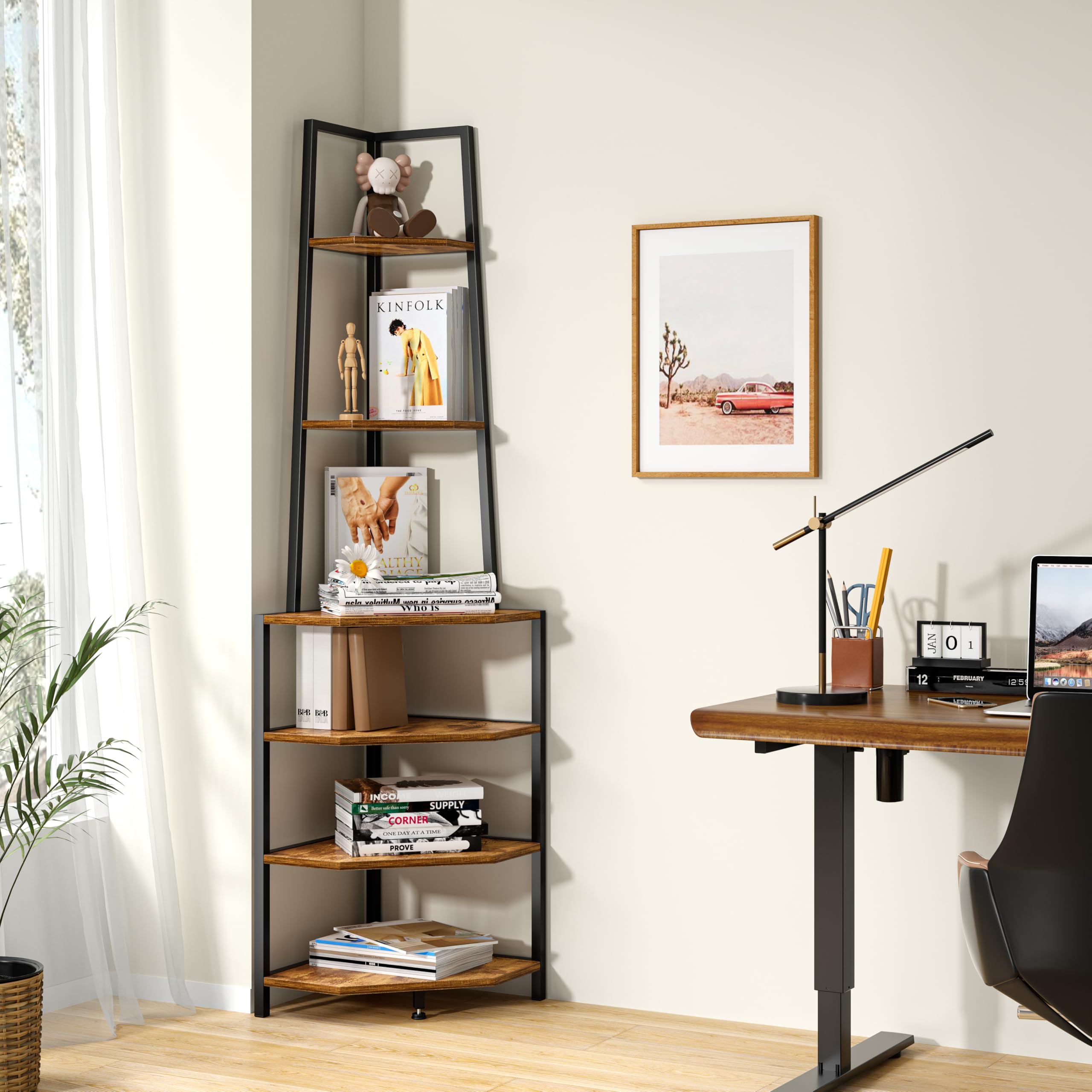 VECELO tall corner shelf acts as a plant stand in a sunny room