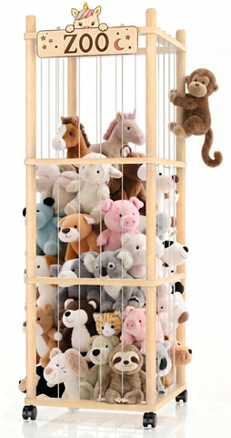 Vecxoty stuffed animal storage tower fully assembled for space-saving playroom organization.