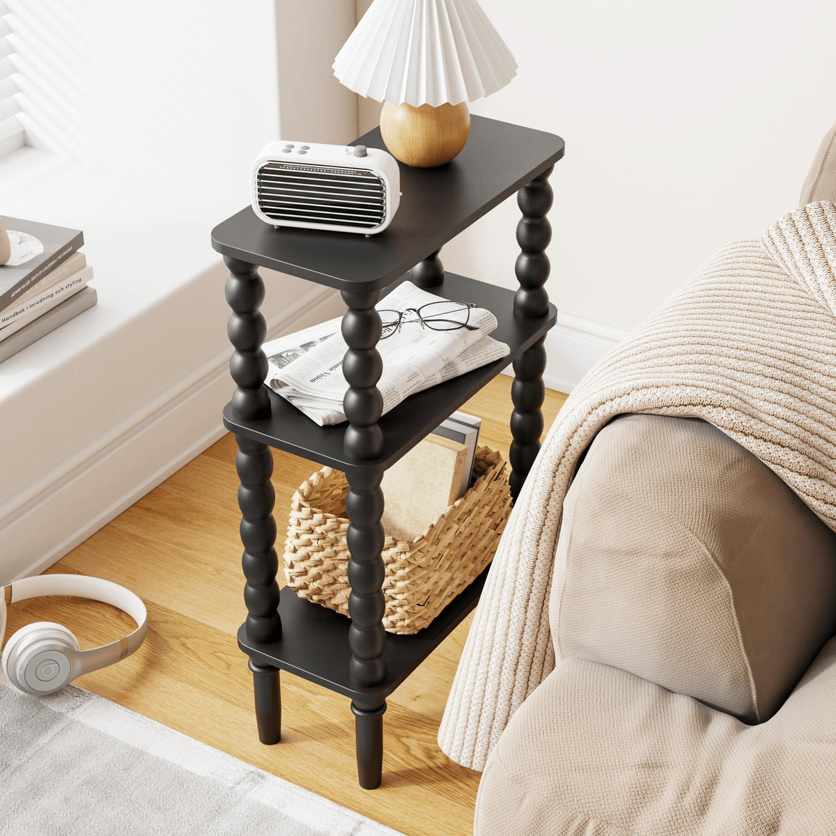 Veegle side table with 3-tier storage beside a sofa for organization.