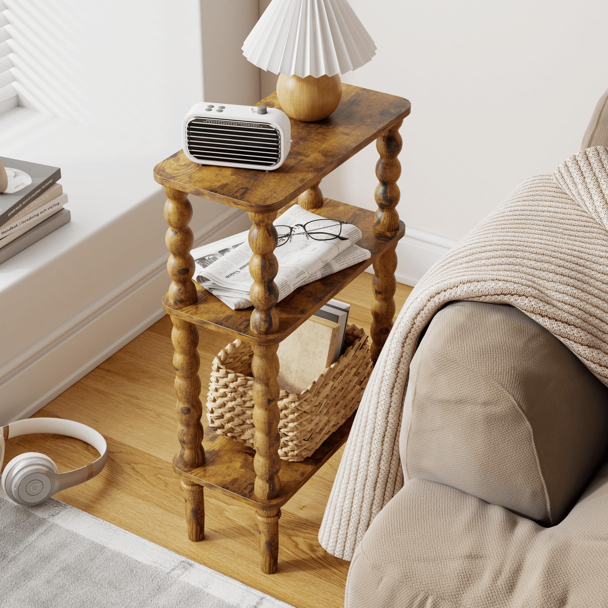 Veegle side table with 3-tier storage keeps essentials organized.