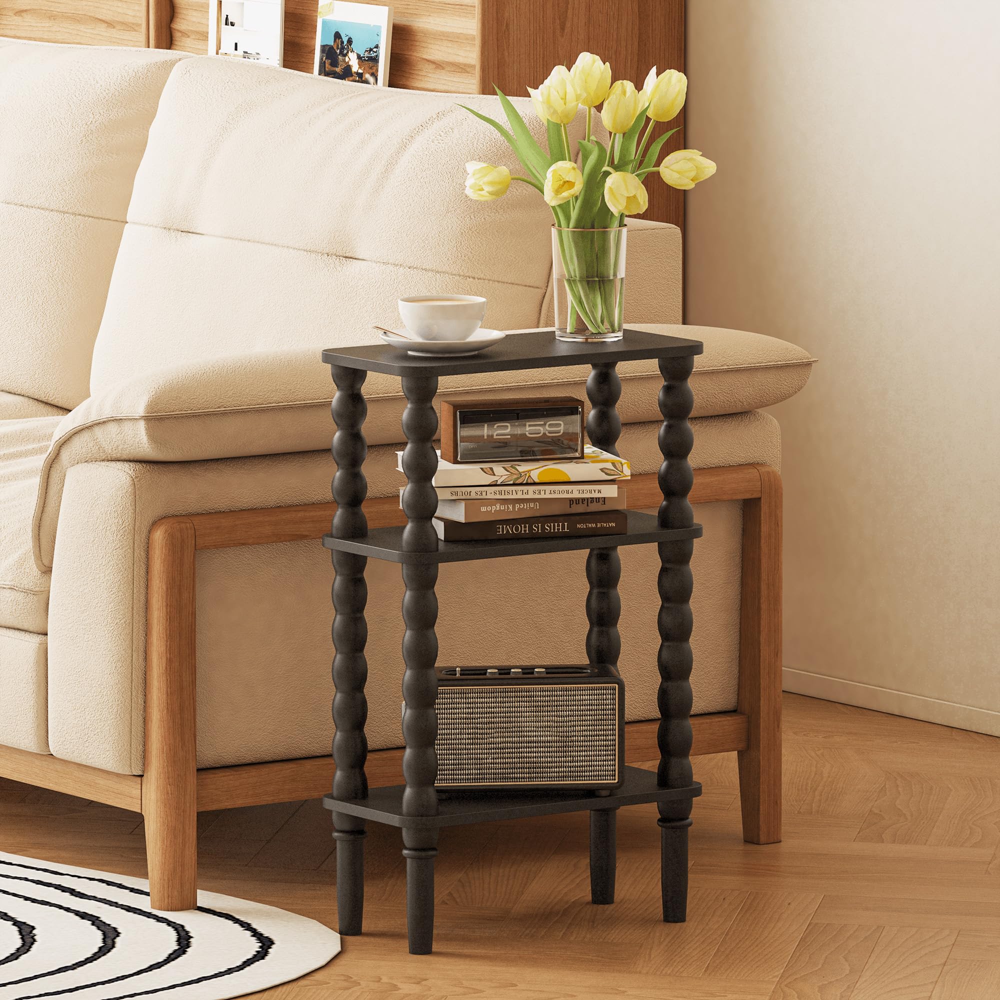 Veegle wood-grain top resists spills and wipes clean.