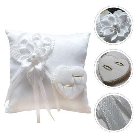 Veemoon white satin ring pillow with ribbon bow for a romantic procession