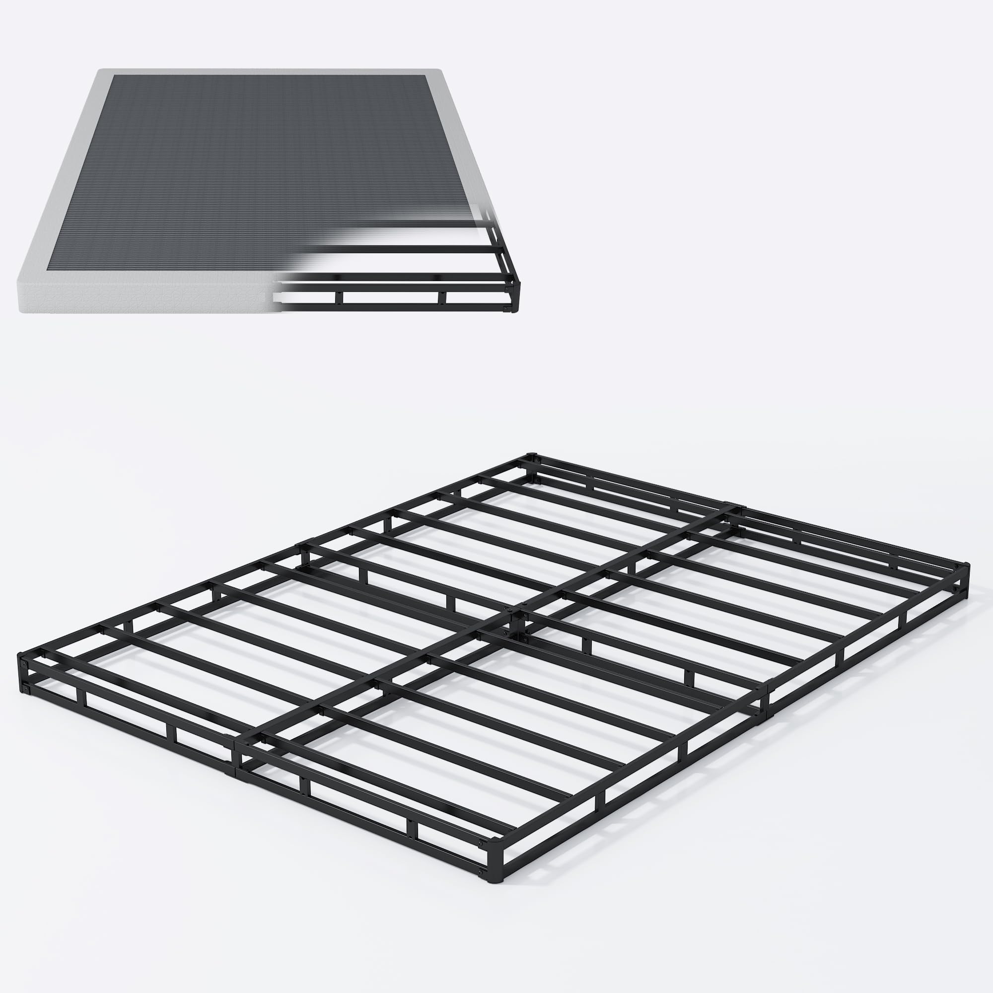Vehowy 4-Inch Queen Box Spring side view highlighting compact height for placement.