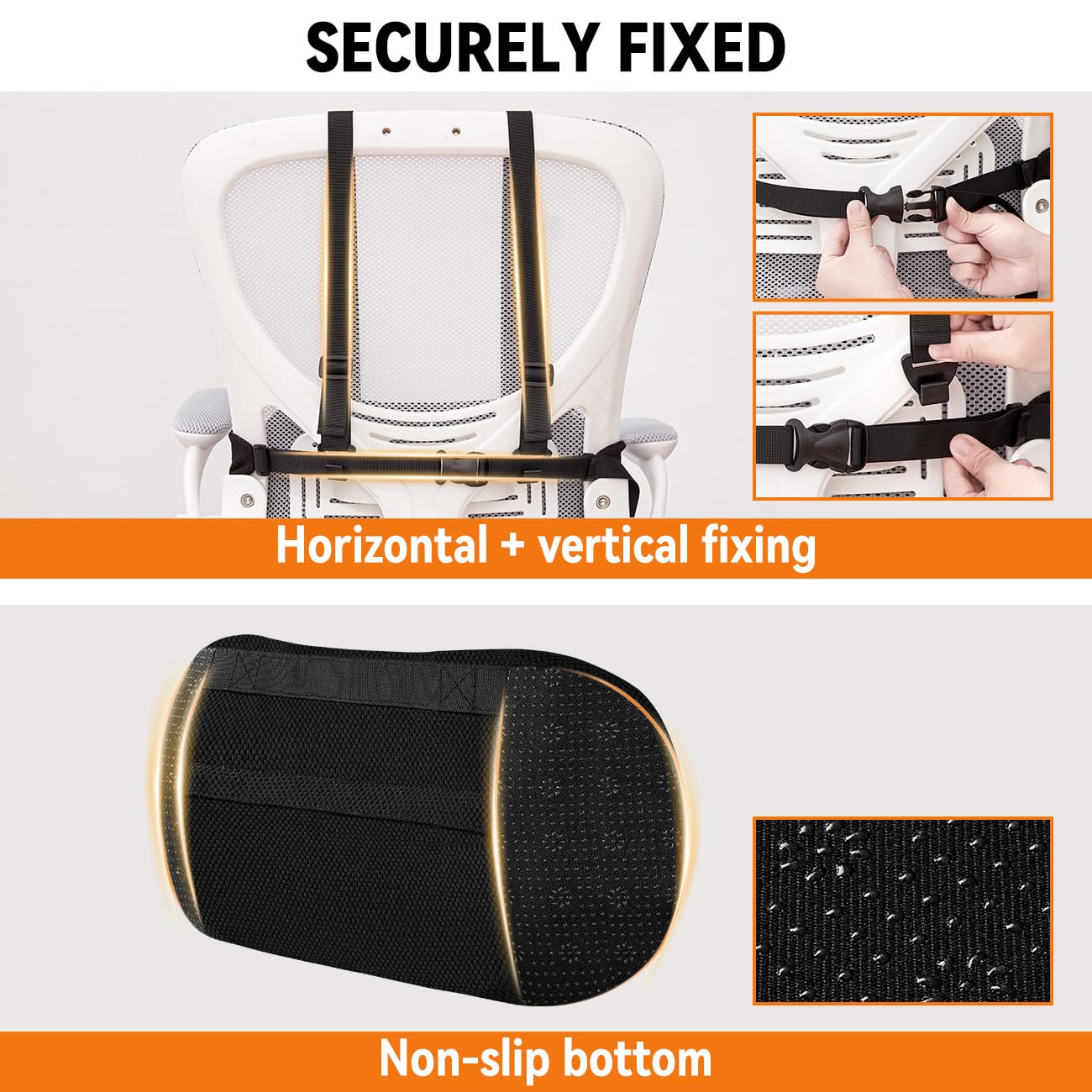 Veitail back-support with secure straps stays fixed on seats.