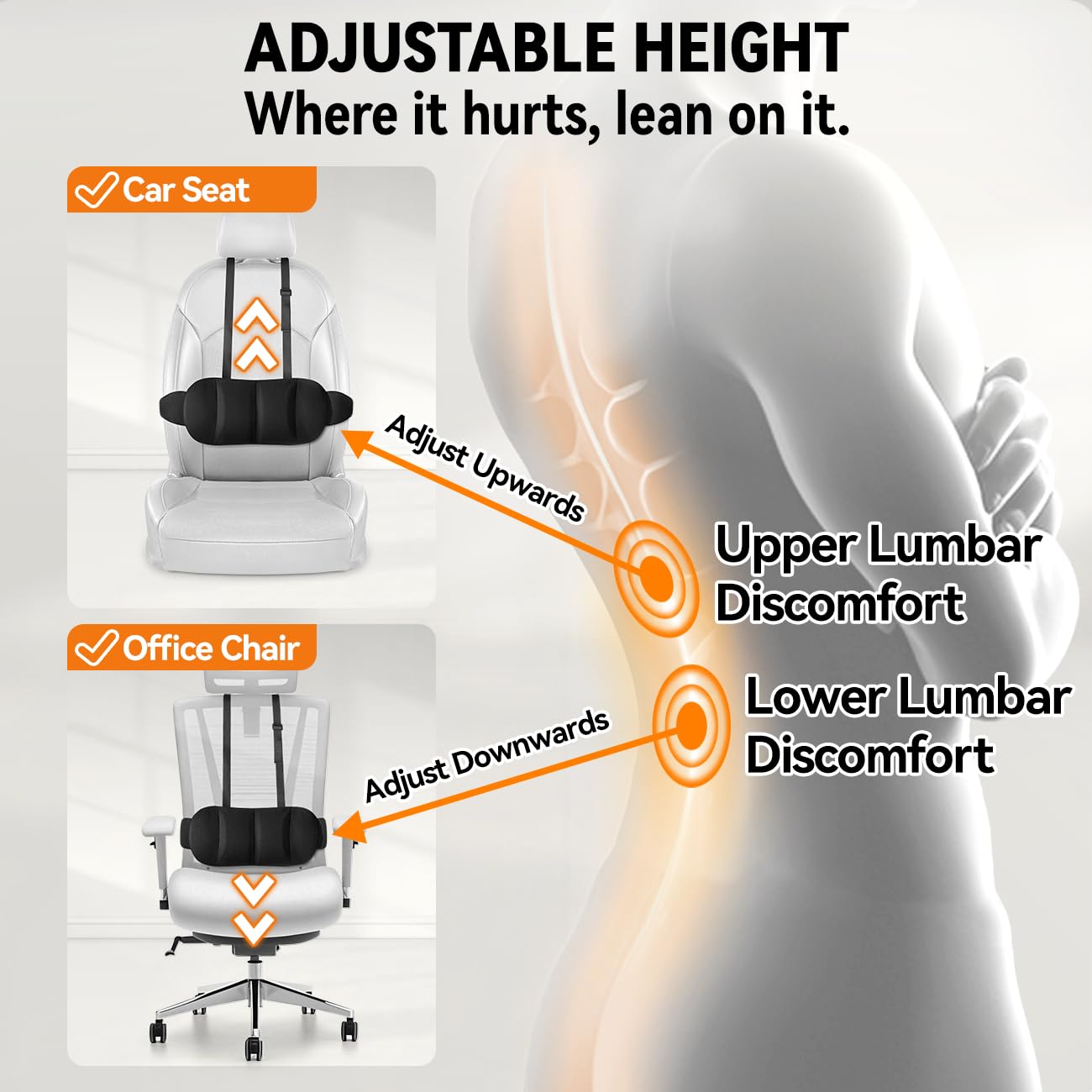 Veitail lumbar support pillow with adjustable strap for customized height.