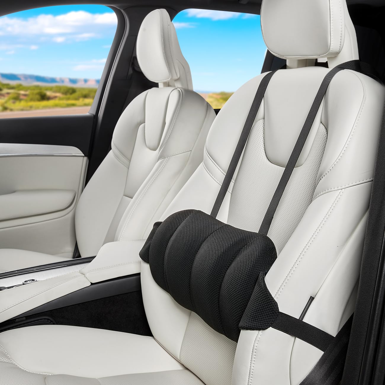 Veitail lumbar support pillow on car seat offering ergonomic back support.