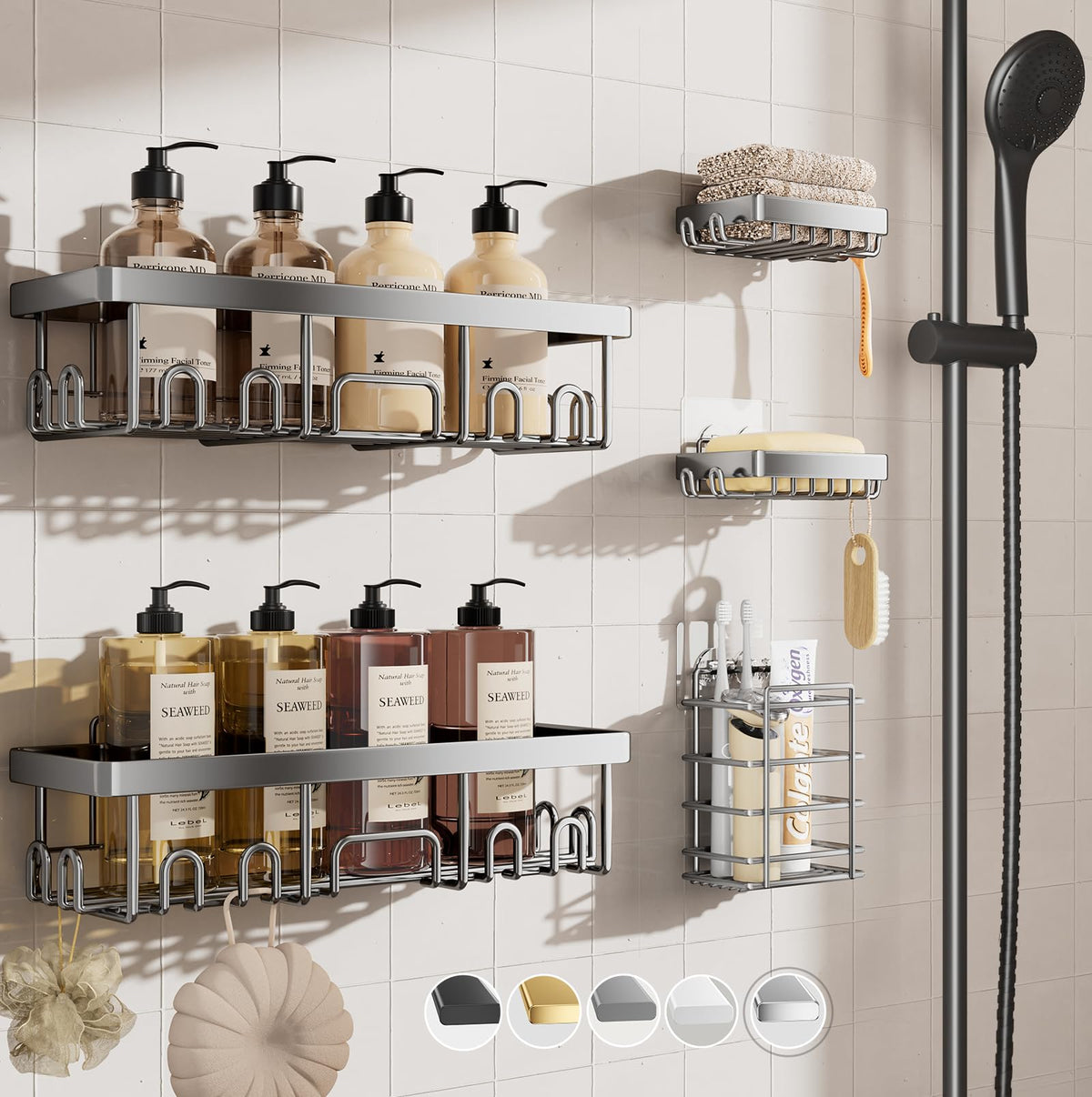 Veken adhesive shower caddy packaging highlights a tool-free setup for clutter-free shelves.