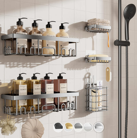 Veken adhesive shower caddy packaging highlights a tool-free setup for clutter-free shelves.