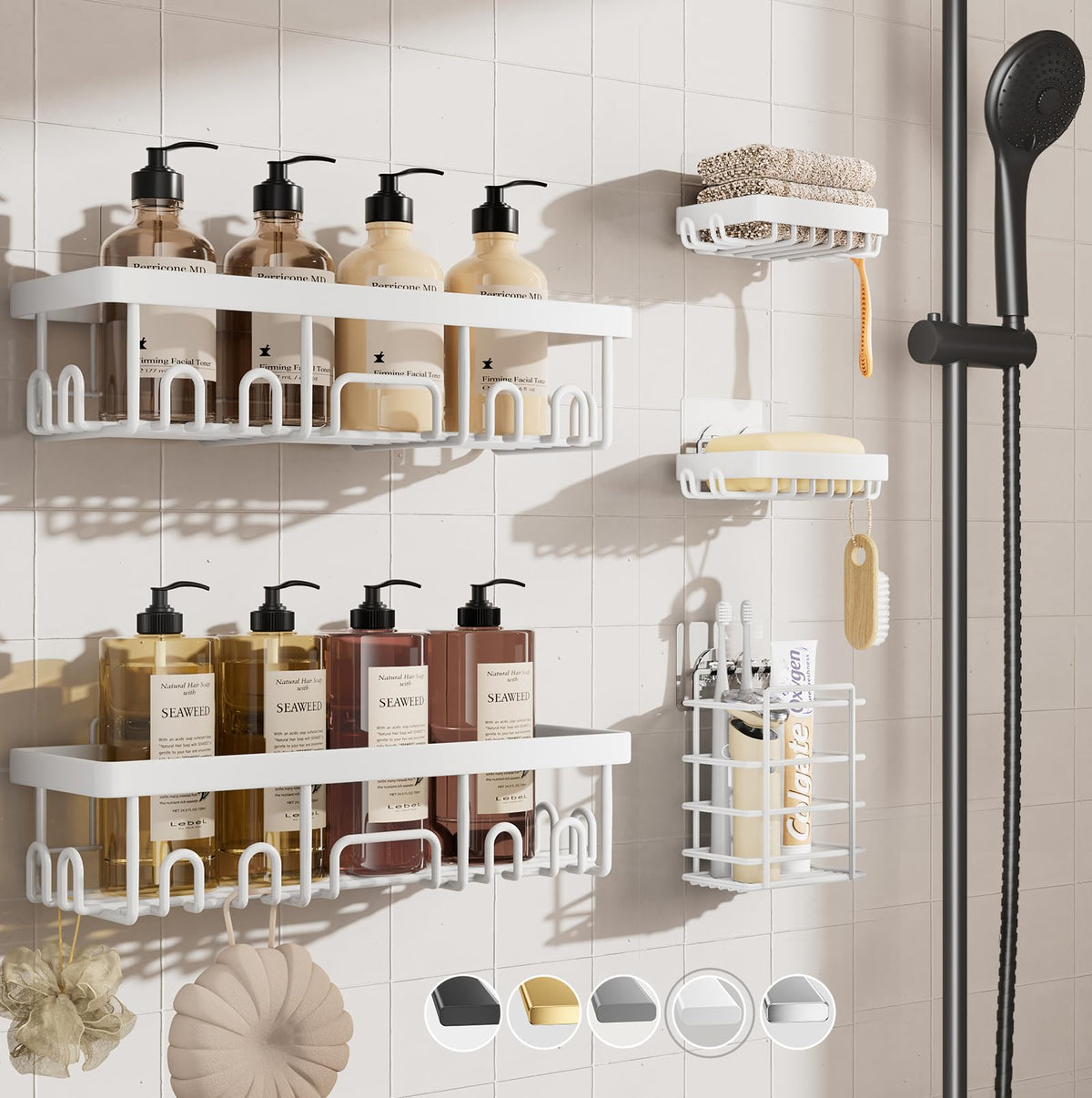Veken adhesive shower caddy 5-pack setup keeps shower essentials organized.
