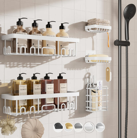 Veken adhesive shower caddy 5-pack setup keeps shower essentials organized.