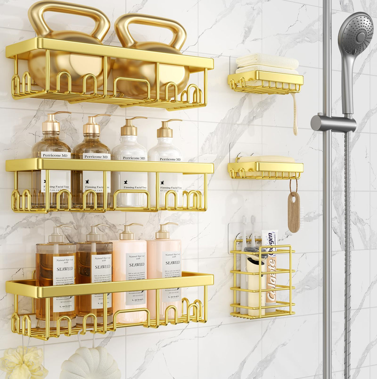 Veken adhesive shower caddy large holds bulky bottles securely in the shower.