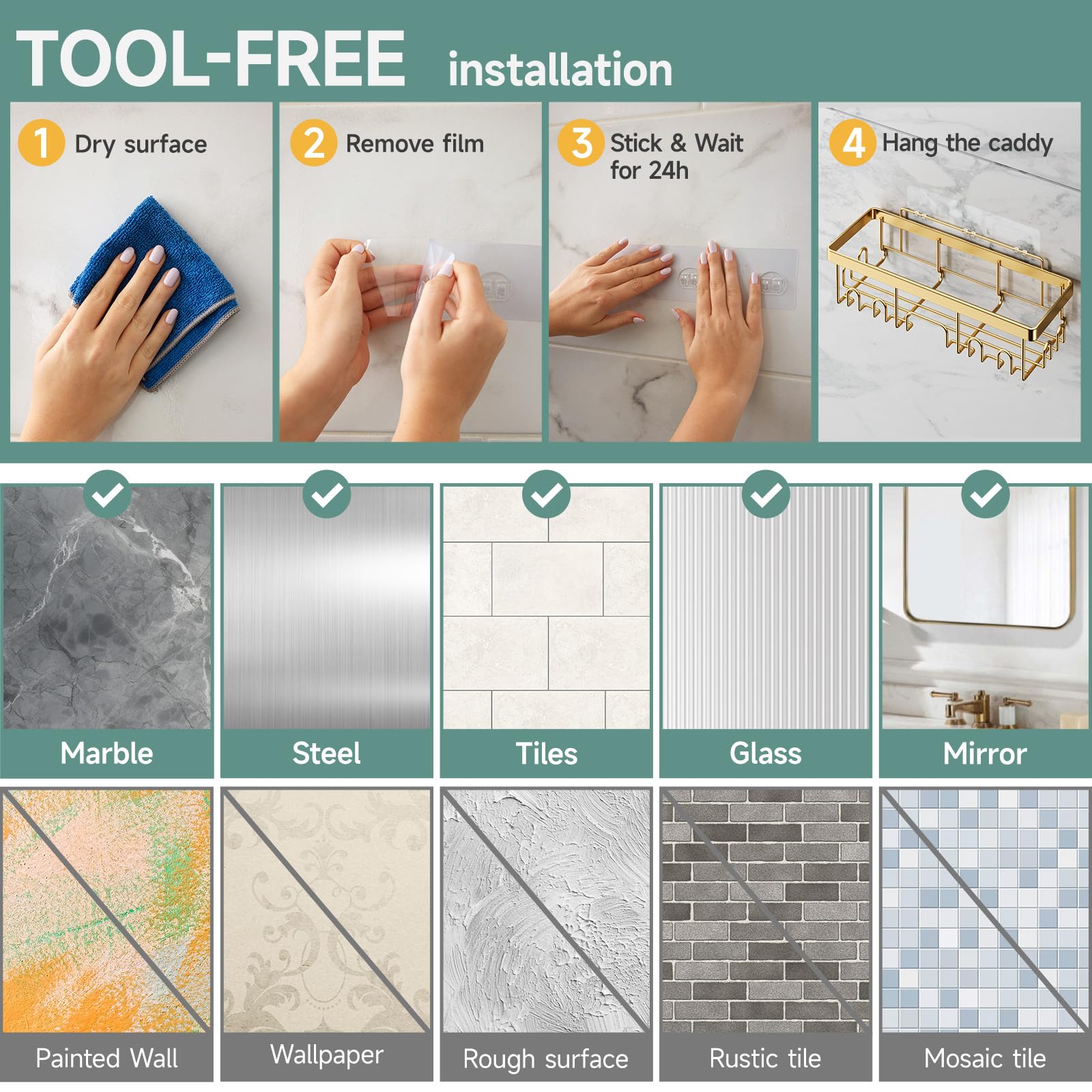 Veken adhesive system installs quickly with no drilling required.