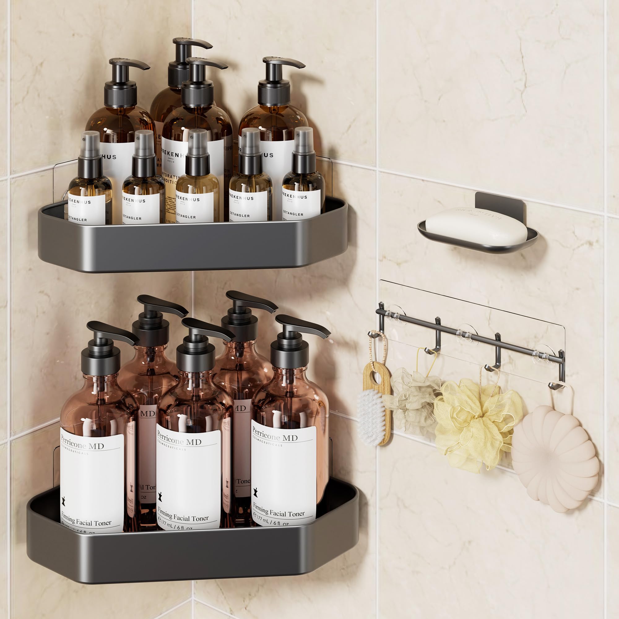 Veken aluminum corner shower caddy shows corner storage for shampoos and soaps.